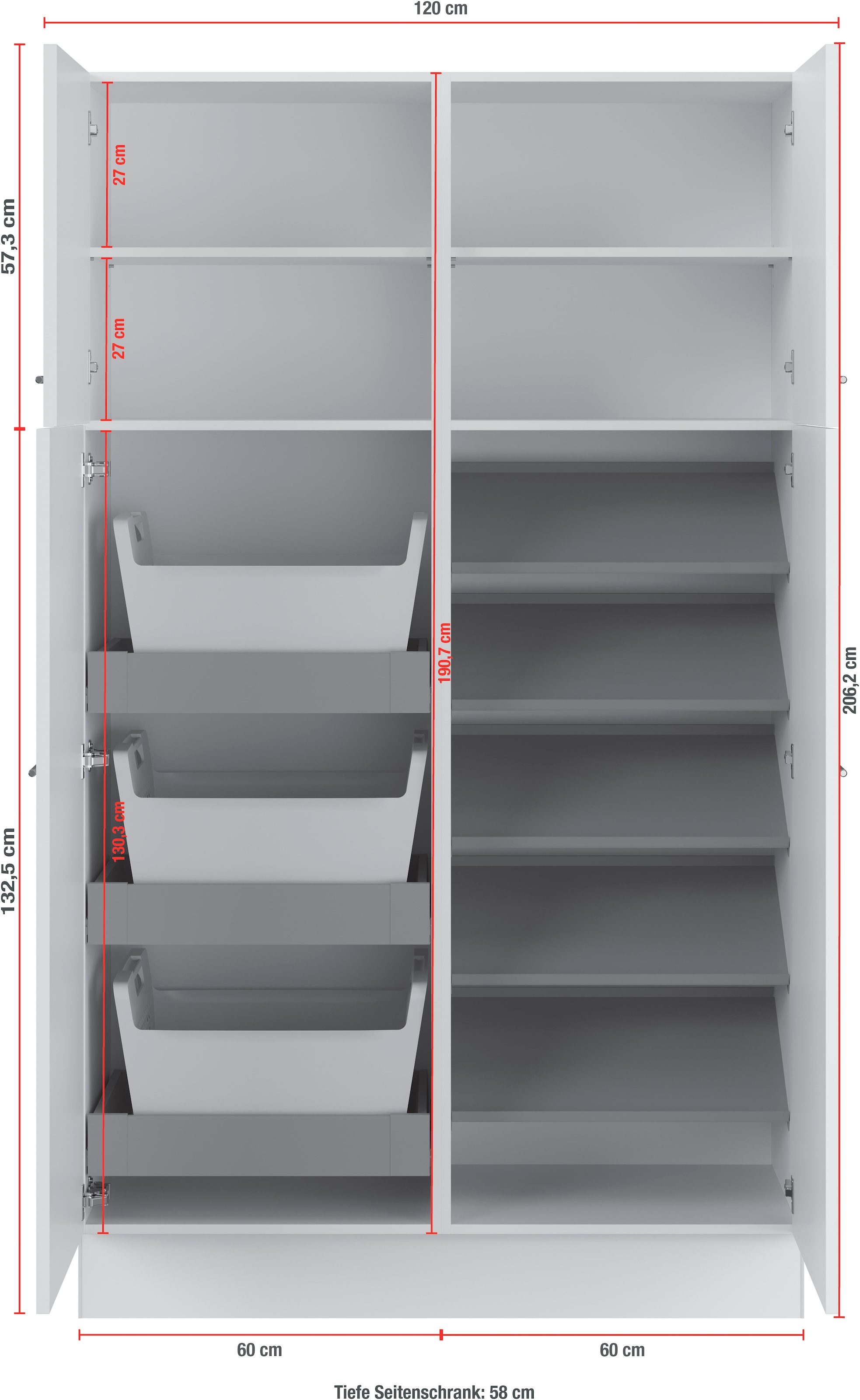 IMPULS KÜCHEN Mehrzweckschrank-Set »Warschau«, (3 St., Schuhschrank und Waschekorbschrank, Breite 120 cm), Vielfältige Varianten verfügbar; kombinierbar mit anderen Artikeln
