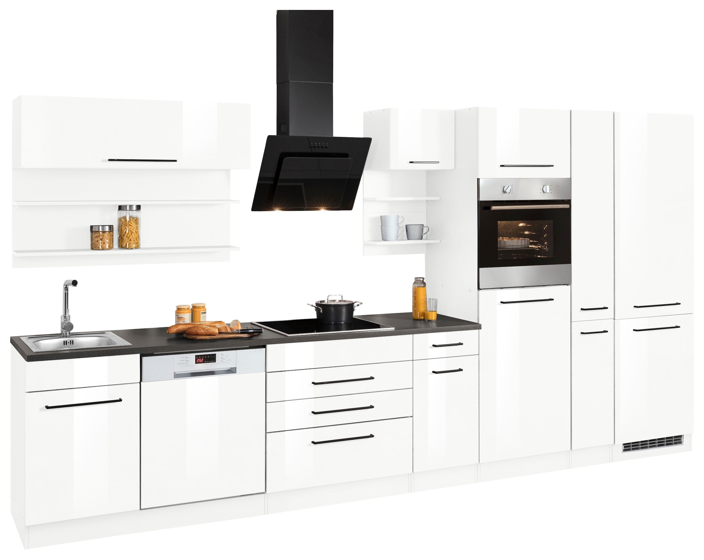 KOCHSTATION Küchenzeile »KS-Tulsa«, mit E-Geräten, Breite 380 cm, schwarze Metallgriffe, MDF Fronten