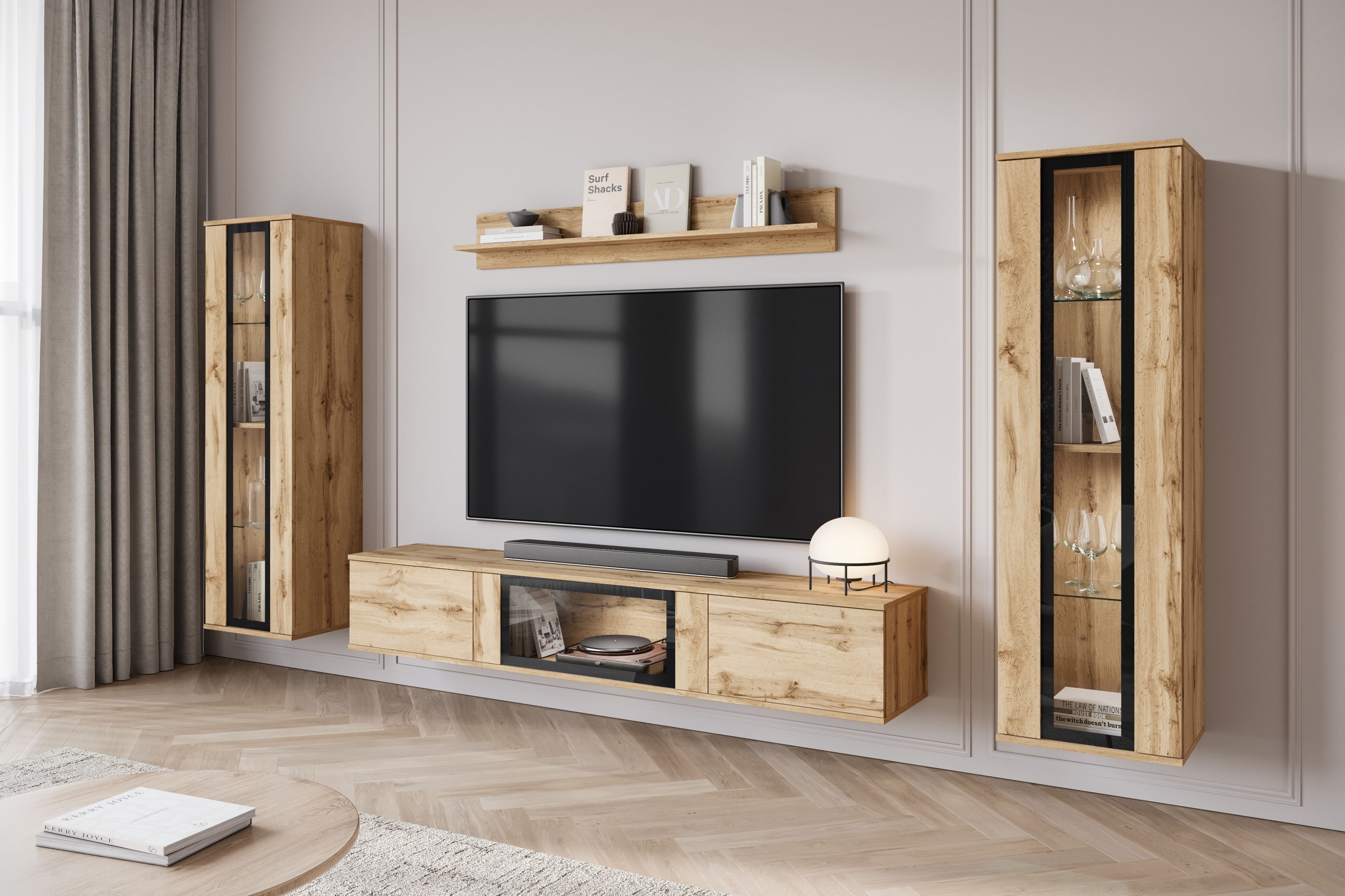 INOSIGN Wohnwand »Caro, stehend und hängend montierbar«, (Komplett-Set, 4 St., Vitrine Türanschlag links/rechts wechselbar), grifflose Design, höhenverstellbare Einlegeböden