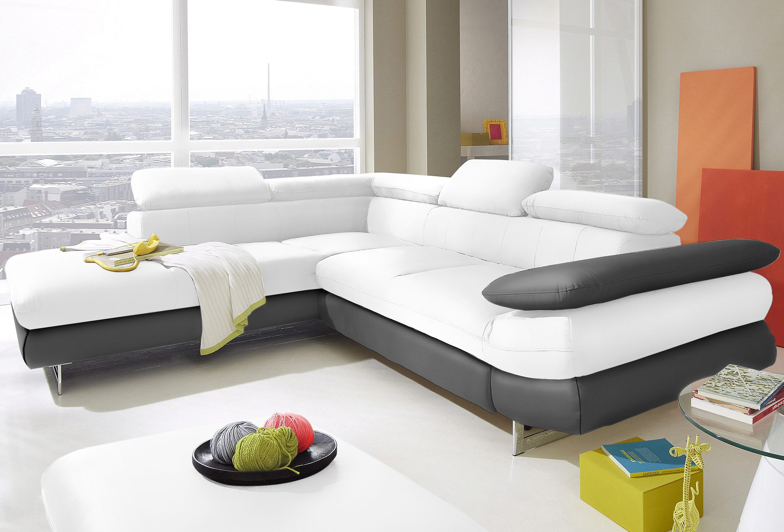 COTTA Ecksofa "Solution L-Form, Design Sofa, bequeme Wellenunterfederung, Design Fuß" mit Arm- & Kopfteilverstellung, wahlweise mit Schlaffunktion
