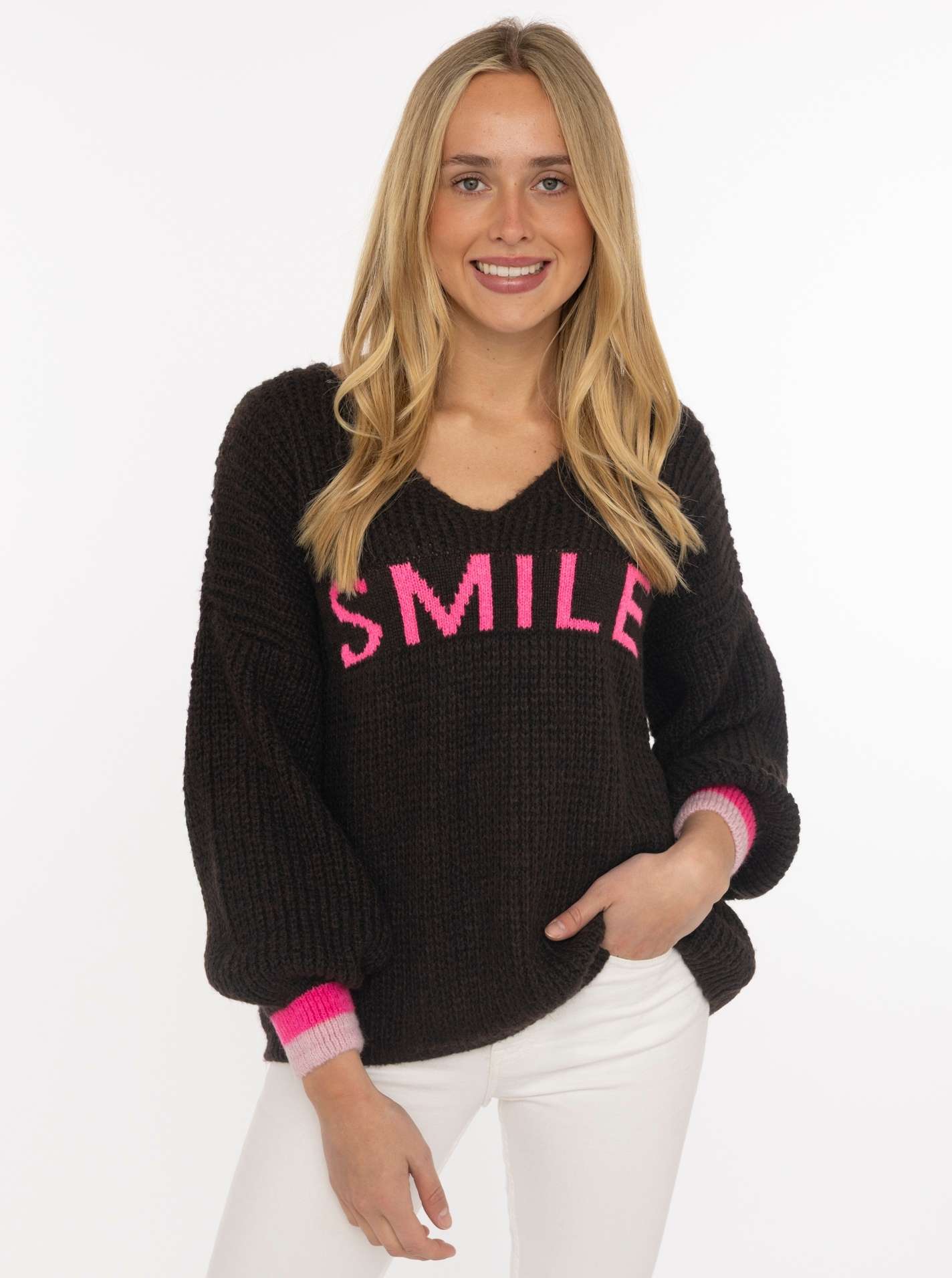 Zwillingsherz Strickpullover ""Smile"" Langarm, One Size, V-Ausschnitt, Neon-Details, Schriftzug