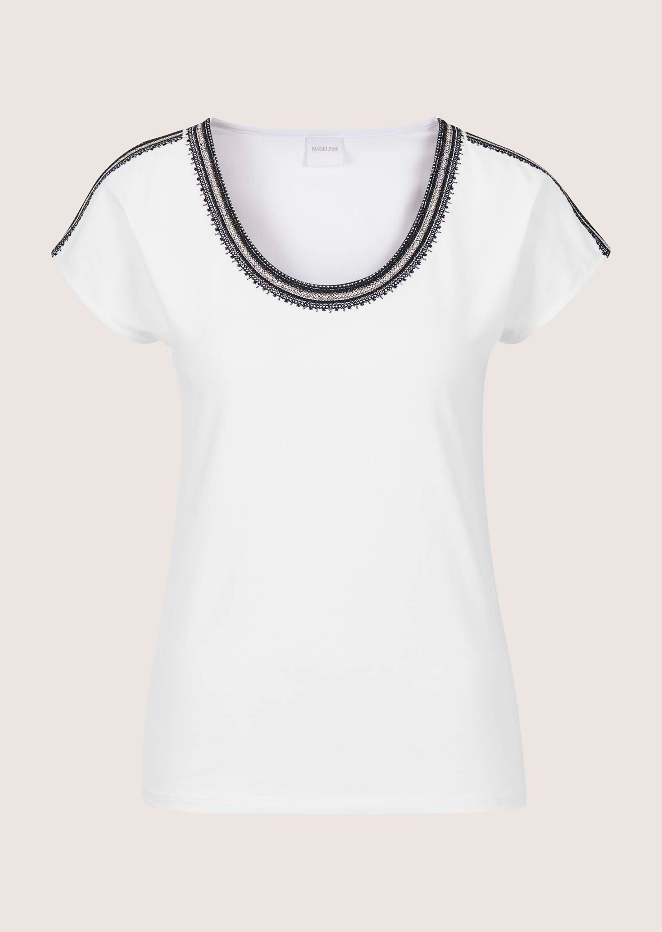 MADELEINE Damen Kurzarmshirt "Blusenshirt Rundhals-Shirt mit Stickerei, Kurzarm", weiß, Modern, Gr. 40, Obermaterial: 95% Baumwolle CO. 5% Elasthan