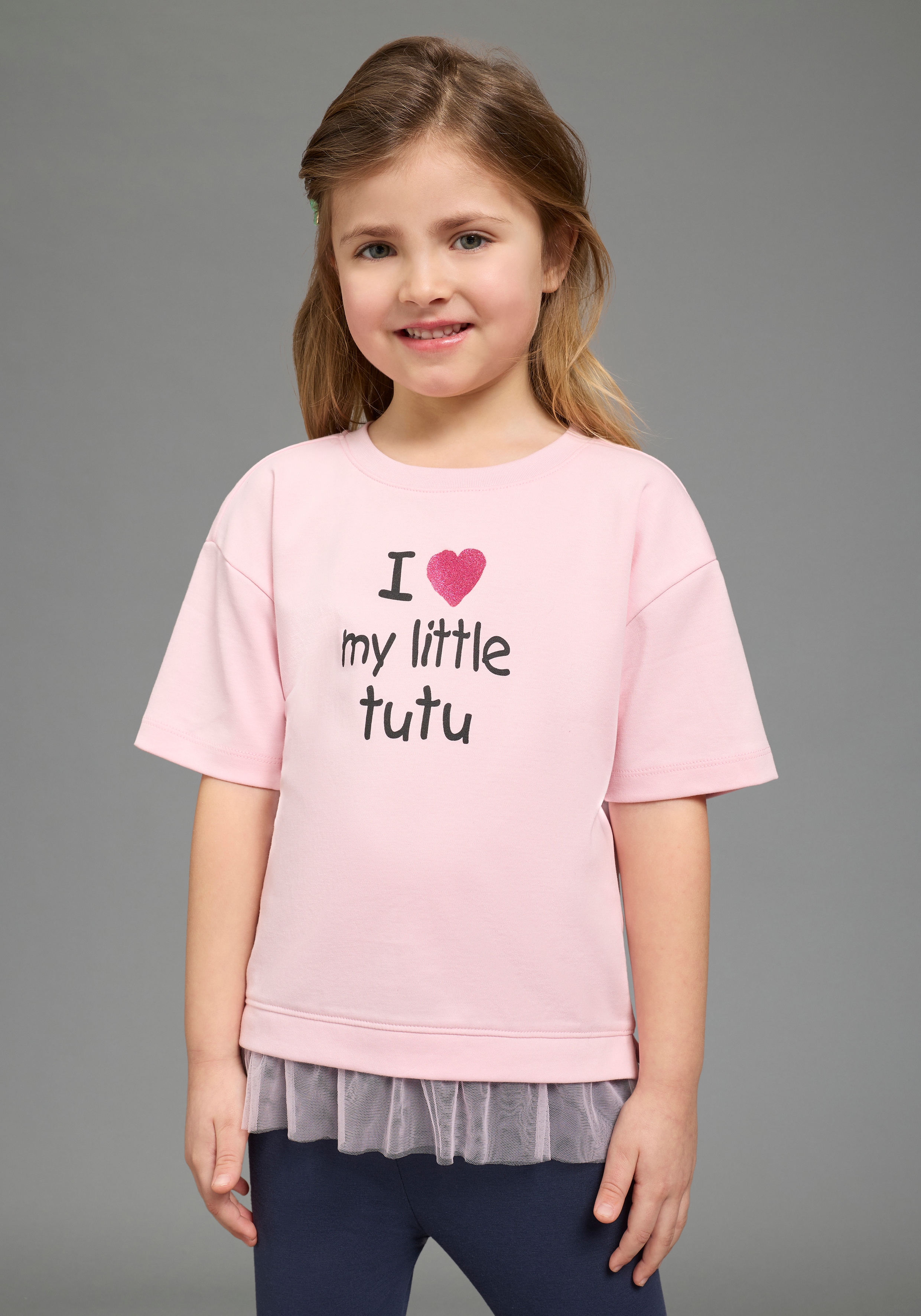 KIDSWORLD T-Shirt "mit Glitzerprint und Tüll-Saum: I love my little tutu" Basic Passform, Kurzarm, mit Volant aus Polyester