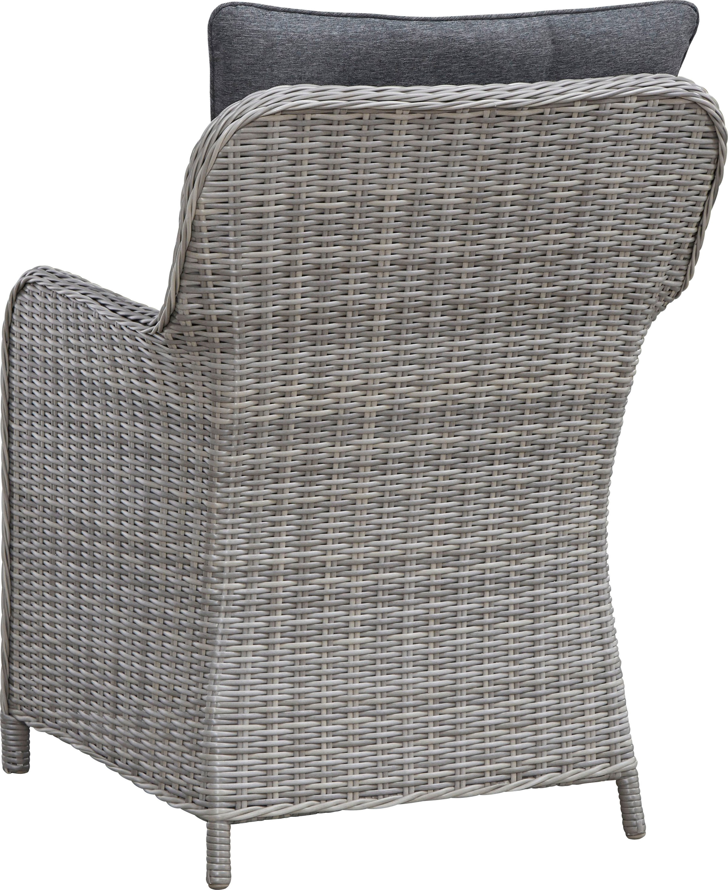 KONIFERA Garten-Essgruppe »Menorca«, (Set, 13 tlg., 4x Sessel, 1x Tisch ØxH: 120x75cm, inkl. Auflagen), Polyrattan, Aluminium, Tischplatte aus 5mm starkem Sicherheitsglas