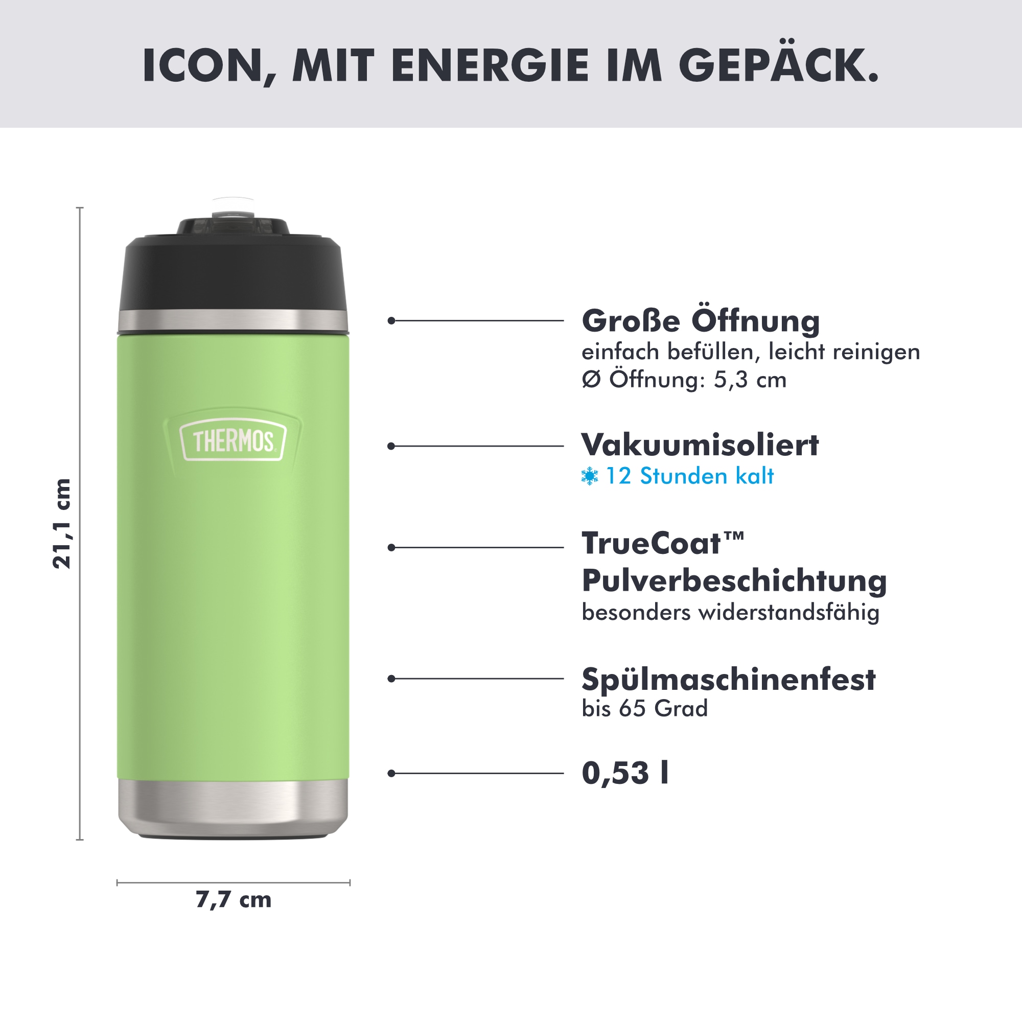 THERMOS Isolierflasche »ICON WATER BOTTLE, Edelstahlkörper, spülmaschinenfest« 0,53l, 12h kalt, schappsicher mit einklappbarem Flip-Strohalm