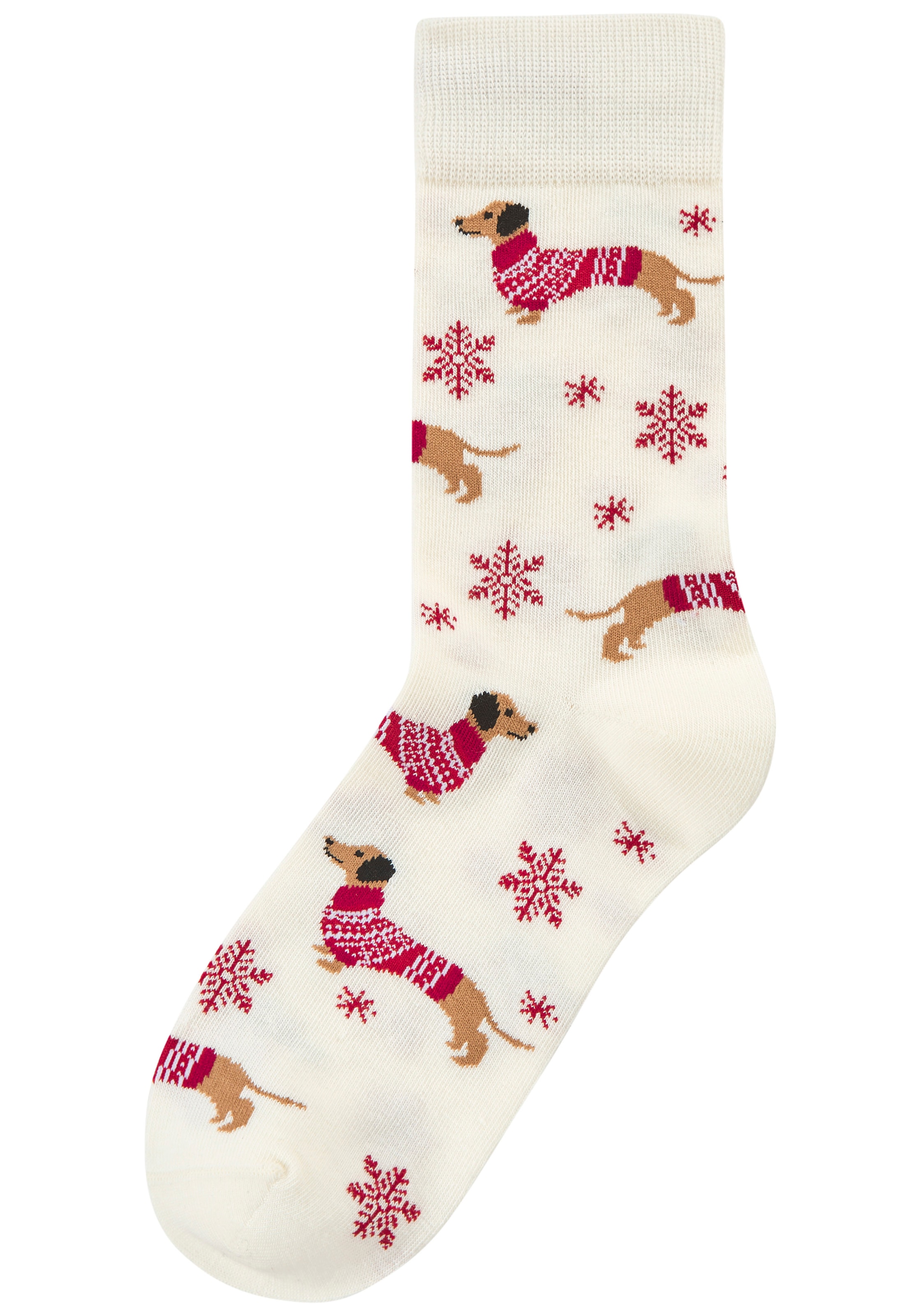 LASCANA Socken Packung, 3 Paar tlg. mit weihnachtlichem Dackelmotiv