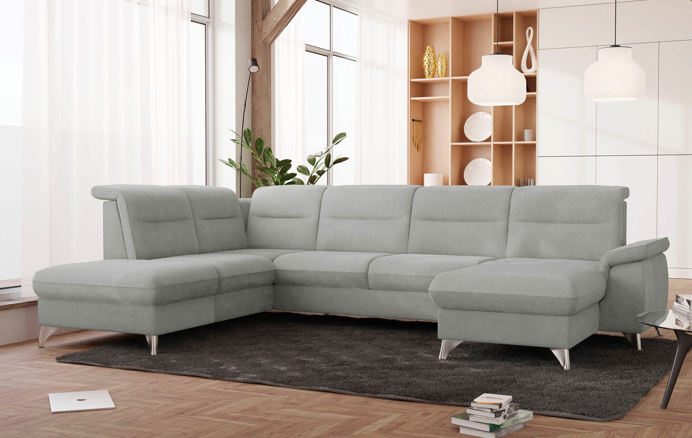 Wohnlandschaft SIT & MORE "Astoria U-Form", grau (hellgrau), B:327cm H:91cm T:225cm, 100% Polyester, Sofas, Wohnlandschaft, wahlweise mit motorischer Relaxfunktion 10
