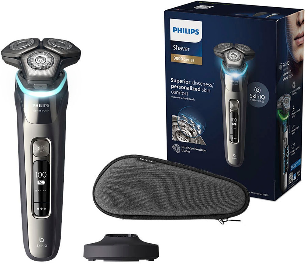 Philips Elektrorasierer »Shaver Series Ladestand 9000 Technologie und Präzisionstrimmer, ausklappbarer Etui, mit | S9974/35«, SkinIQ BAUR
