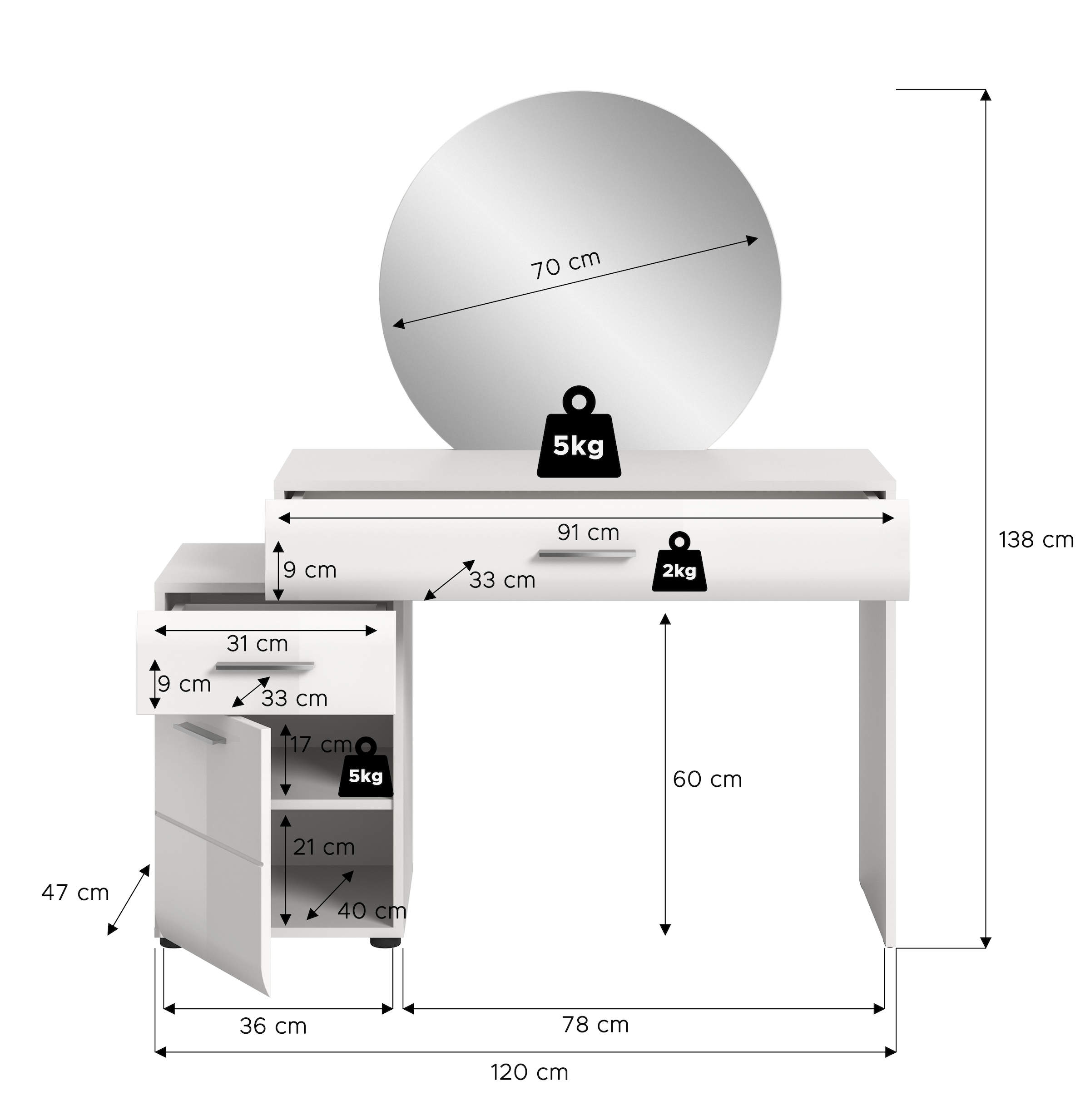 INOSIGN Schminktisch »FLORENZ, hochwertige MDF-Front, Rillenfräsung, 2 Schubladen, Spiegel« 1 Stk. tlg.