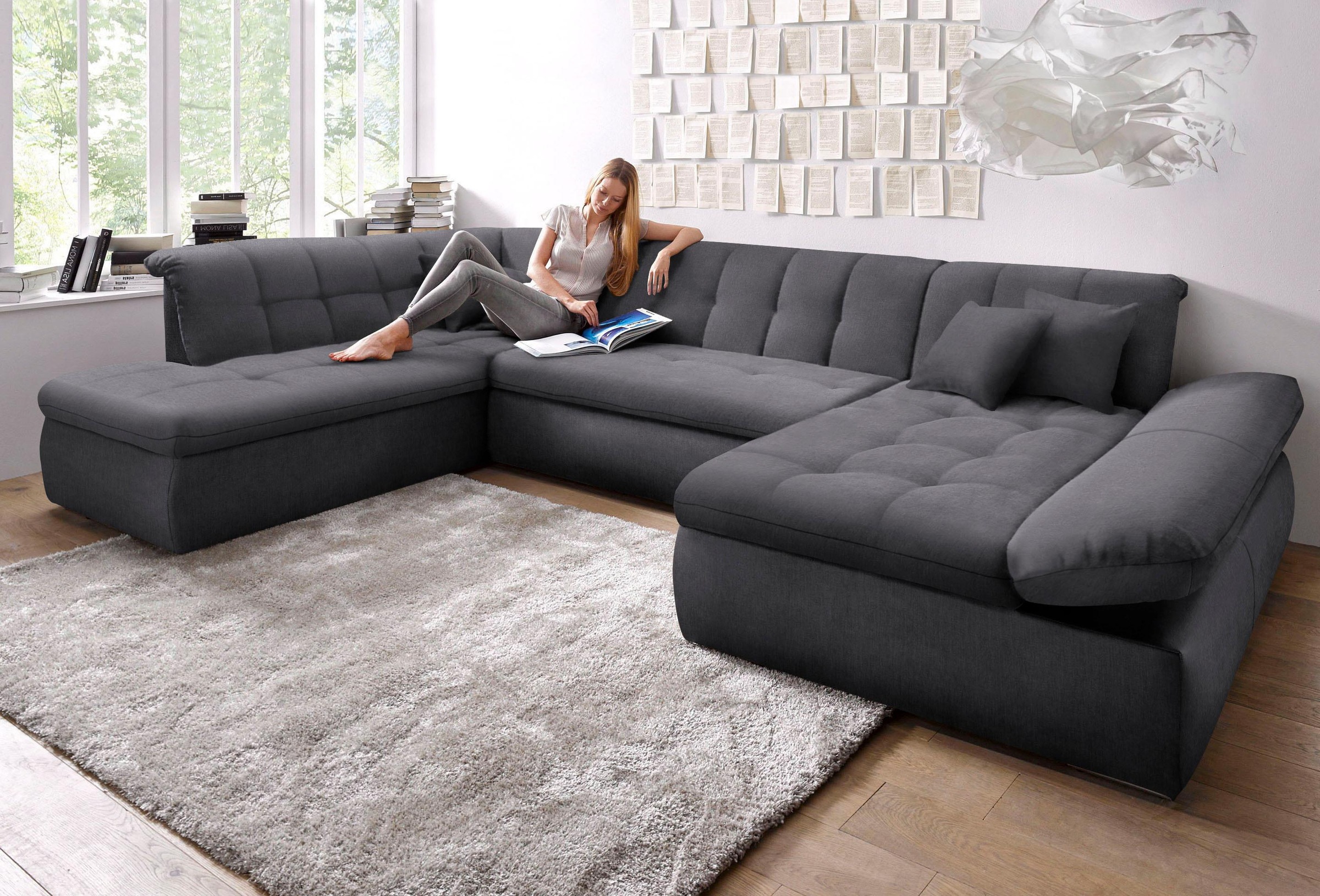 DOMO collection Wohnlandschaft »NMoric im XXL-Format, B/T/H: 353/216/80 cm, incl. Zierkissen U-Form«, wahlweise mit Bettfunktion und Armlehnenverstellung