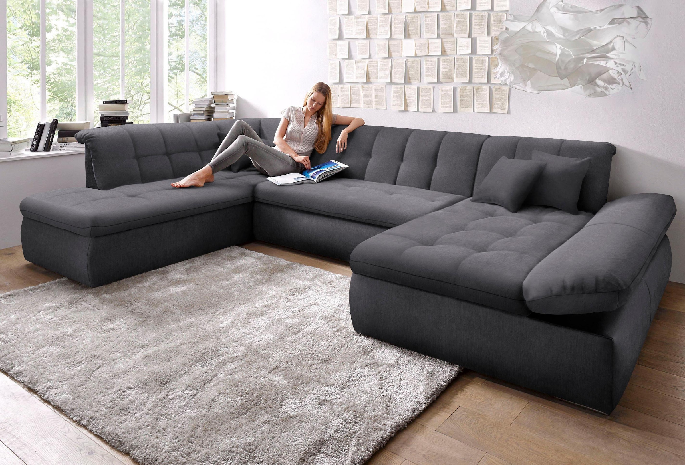 DOMO collection Wohnlandschaft "NMORIC im XXL-Format, 353x216x80 cm, inkl. Zierkissen U-Form" wahlweise mit Bettfunktion und Armlehnenverstellung