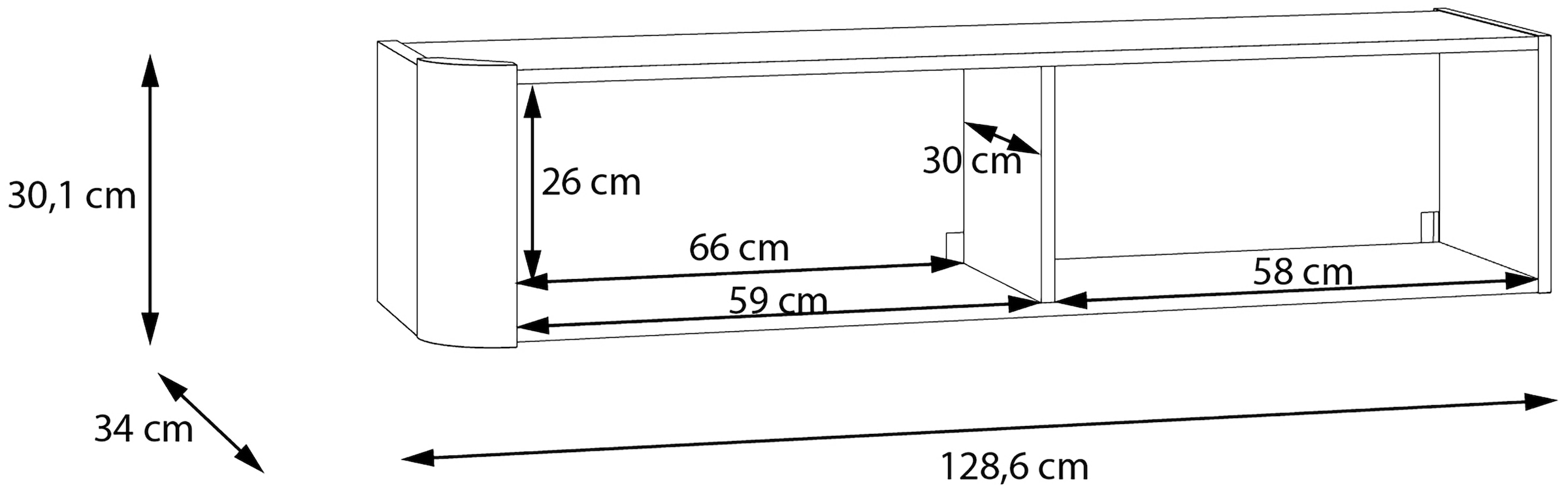 FORTE Wandregal B/H/T 128,6/30,1/34 cm, Klappen, grifflose Front