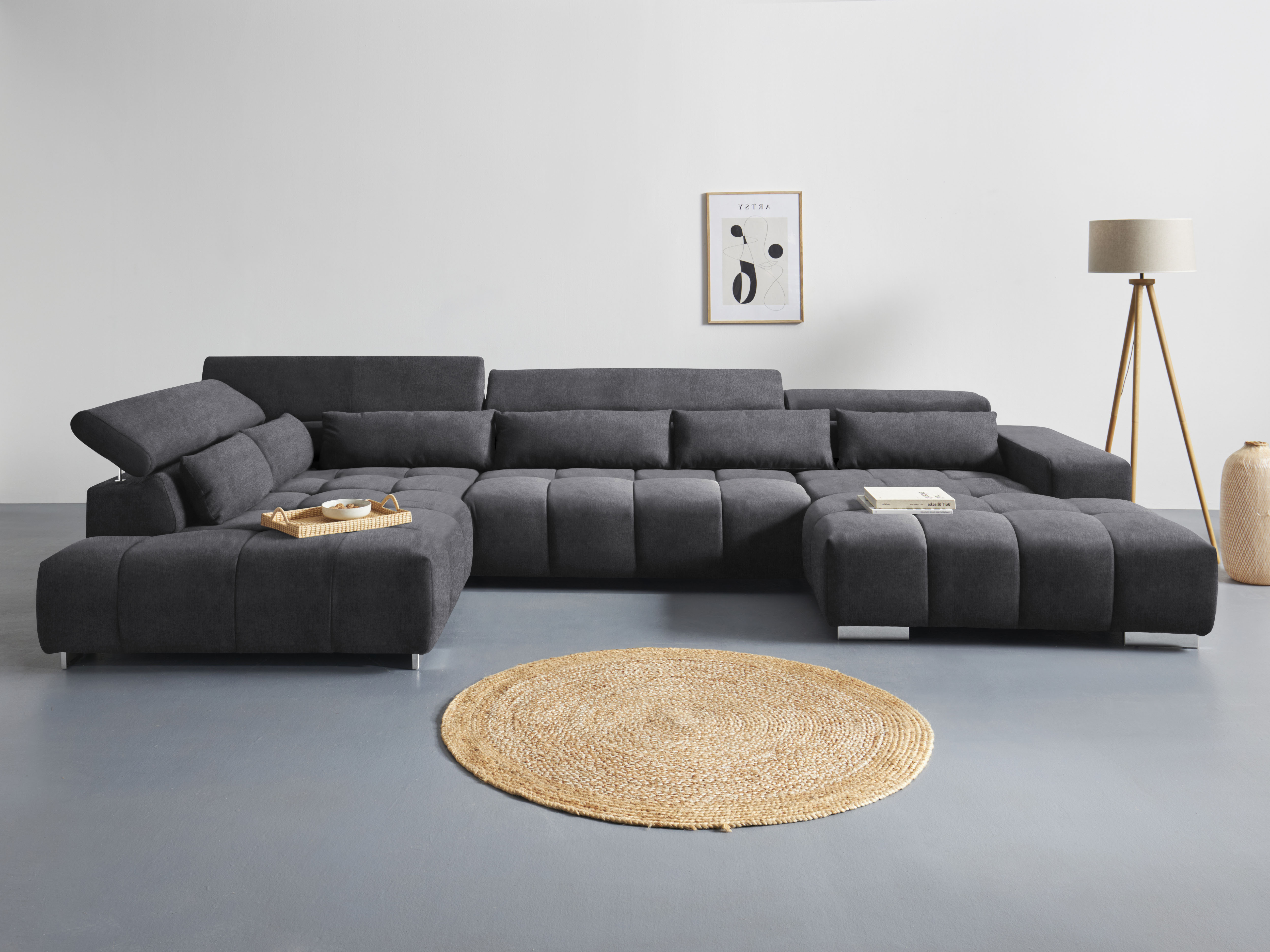 COTTA Wohnlandschaft "Orion U-Form XXL, B: 409 cm, bequeme Wellenunterfederung, top modern" mit Kopfteilverstellung & 6 Nierenkissen