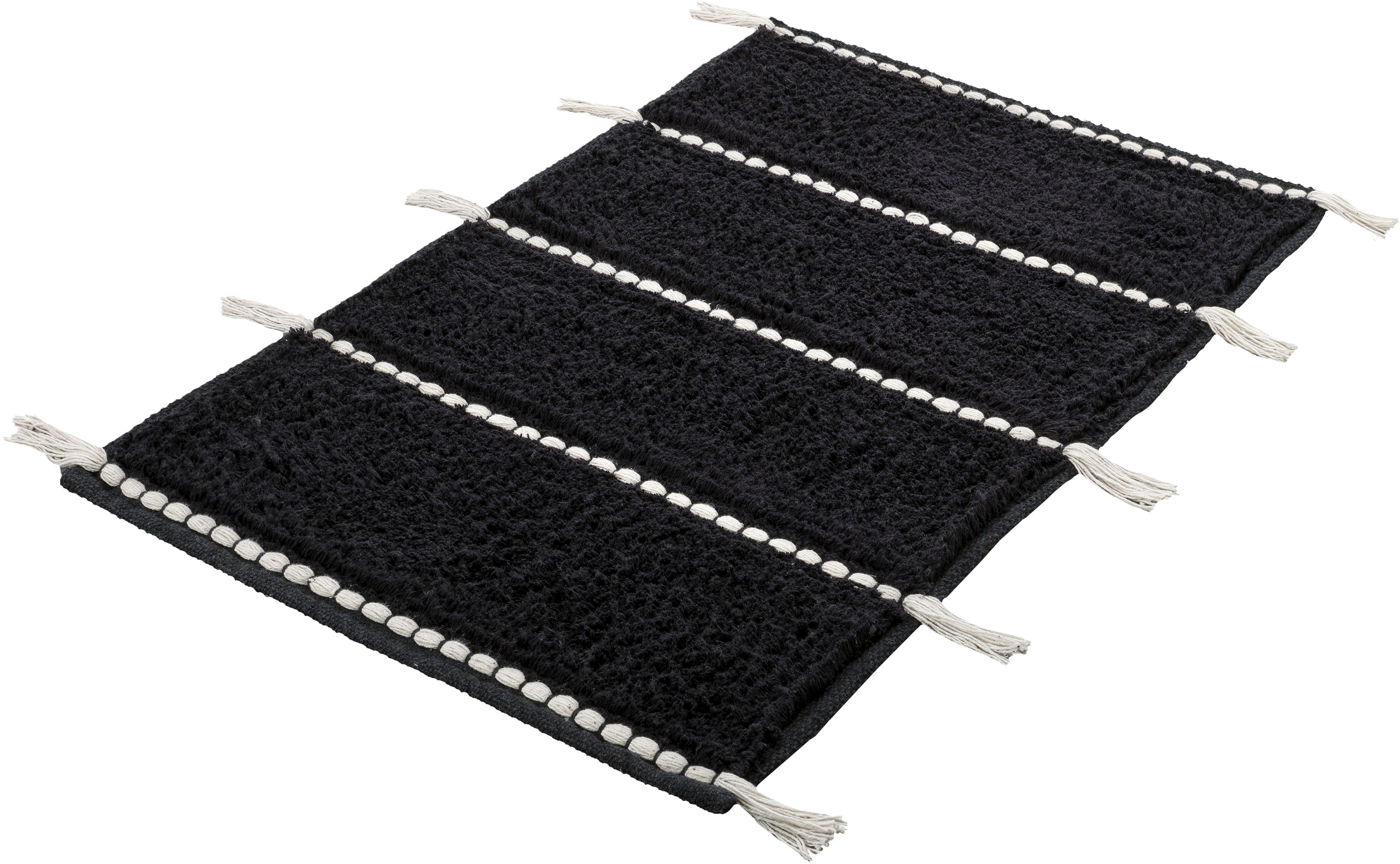 Kleine Wolke Badematte "Travis, Badvorleger, Badezimmer Teppich" Höhe 14 mm rutschhemmend beschichtet fußbodenheizungsgeeignet Badteppich, gestreift mit Quasten, reine Baumwolle, waschbar