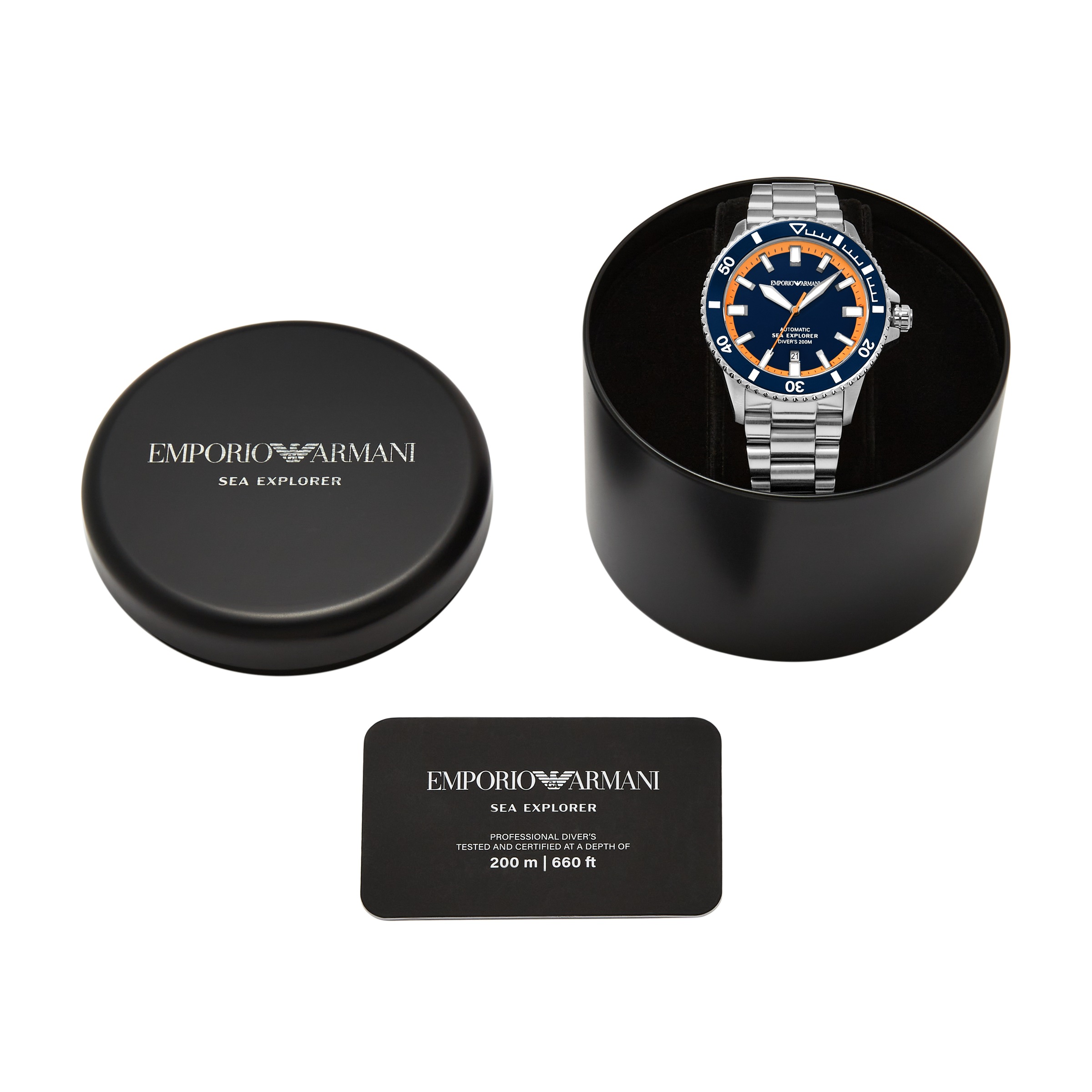 Emporio Armani Automatikuhr Armbanduhr, Herrenuhr, Mechanische Uhr, Edelstahlarmband, analog, Tag