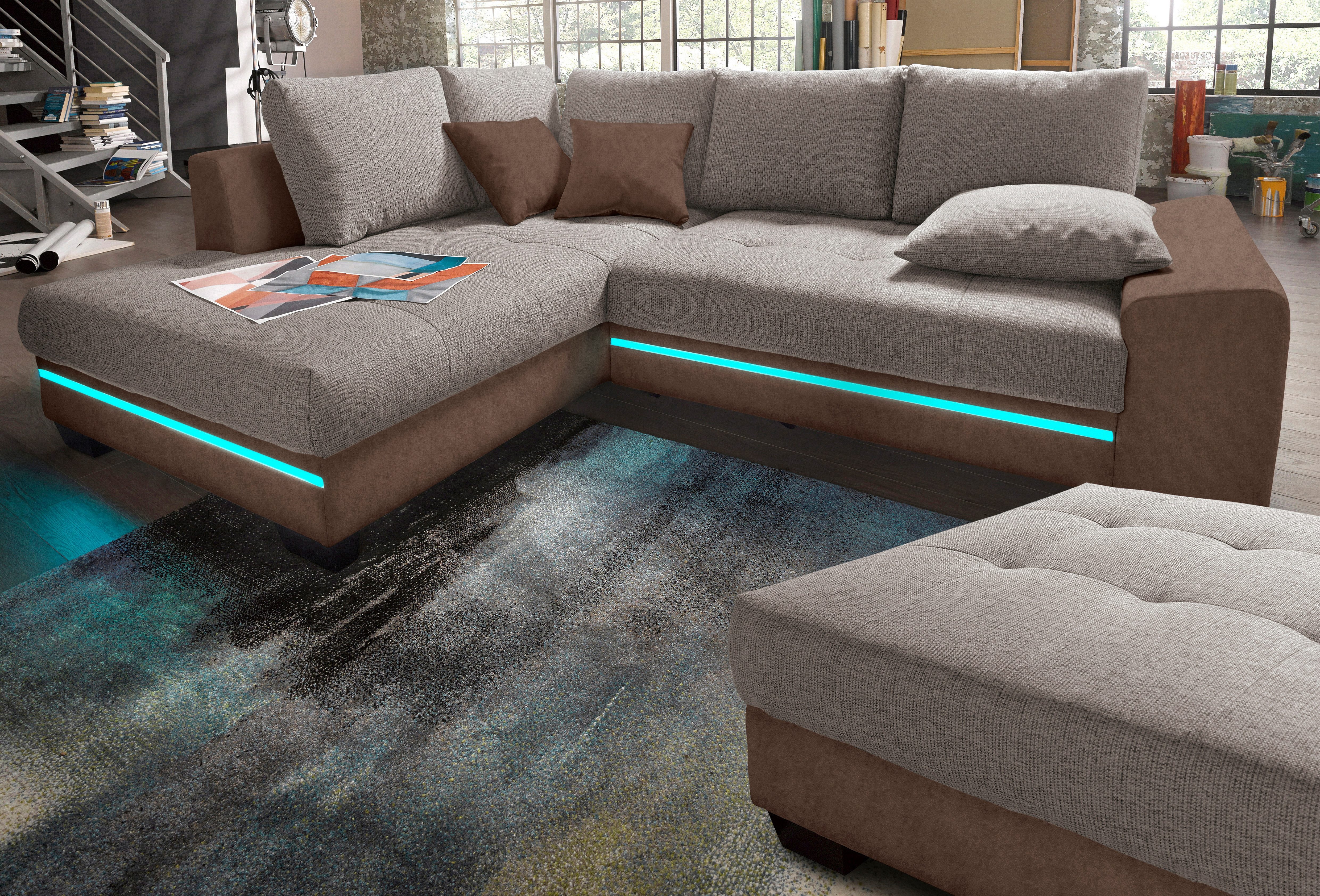 Nova Via Ecksofa Nikita, wahlweise mit Kaltschaum (140kg Belastung/Sitz), Bettfunktion, mit RGB-LED-Beleuchtung, wahlweise mit Bluetooth-Soundsystem