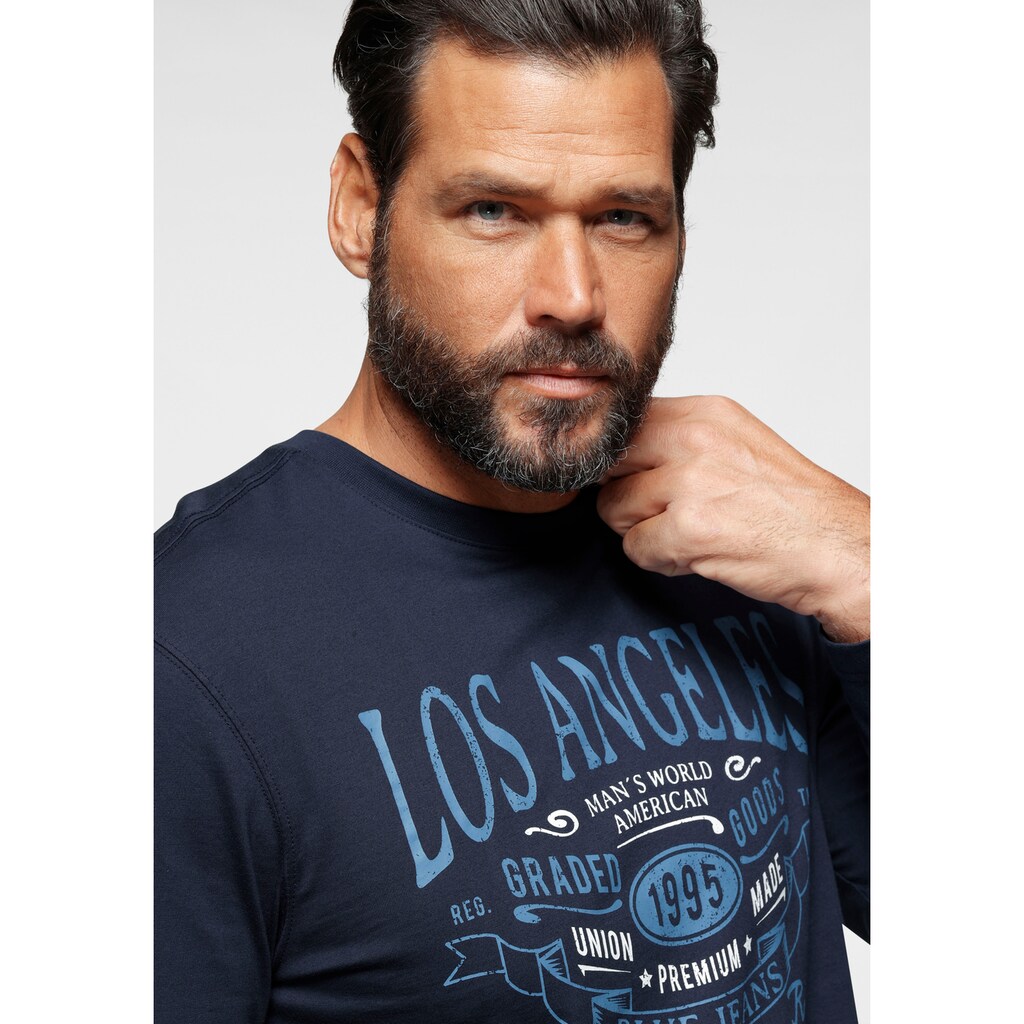 Herrenmode Shirts Man's World Langarmshirt, Mit großem Schriftprint marine Herrenmode Shirts Man's World Langarmshirt, Mit großem Schriftprint marine