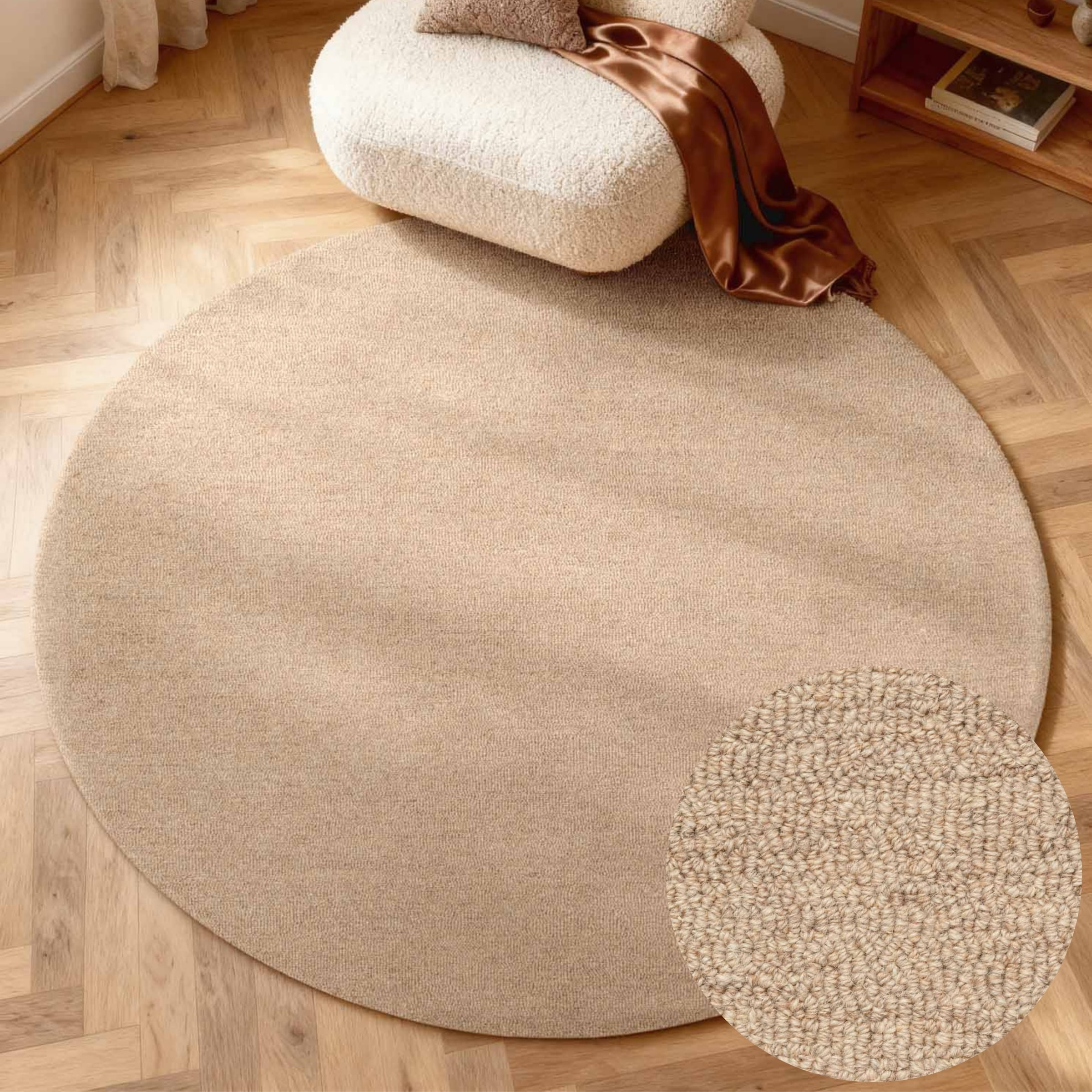 Wollteppich ELLE DECORATION "Knots", beige, H:13mm Ø:200cm, Wolle, Teppiche, Handtuft, Wolle, Rund, Feines Bouclé, Wohnzimmer, Schlafzimmer, Natur