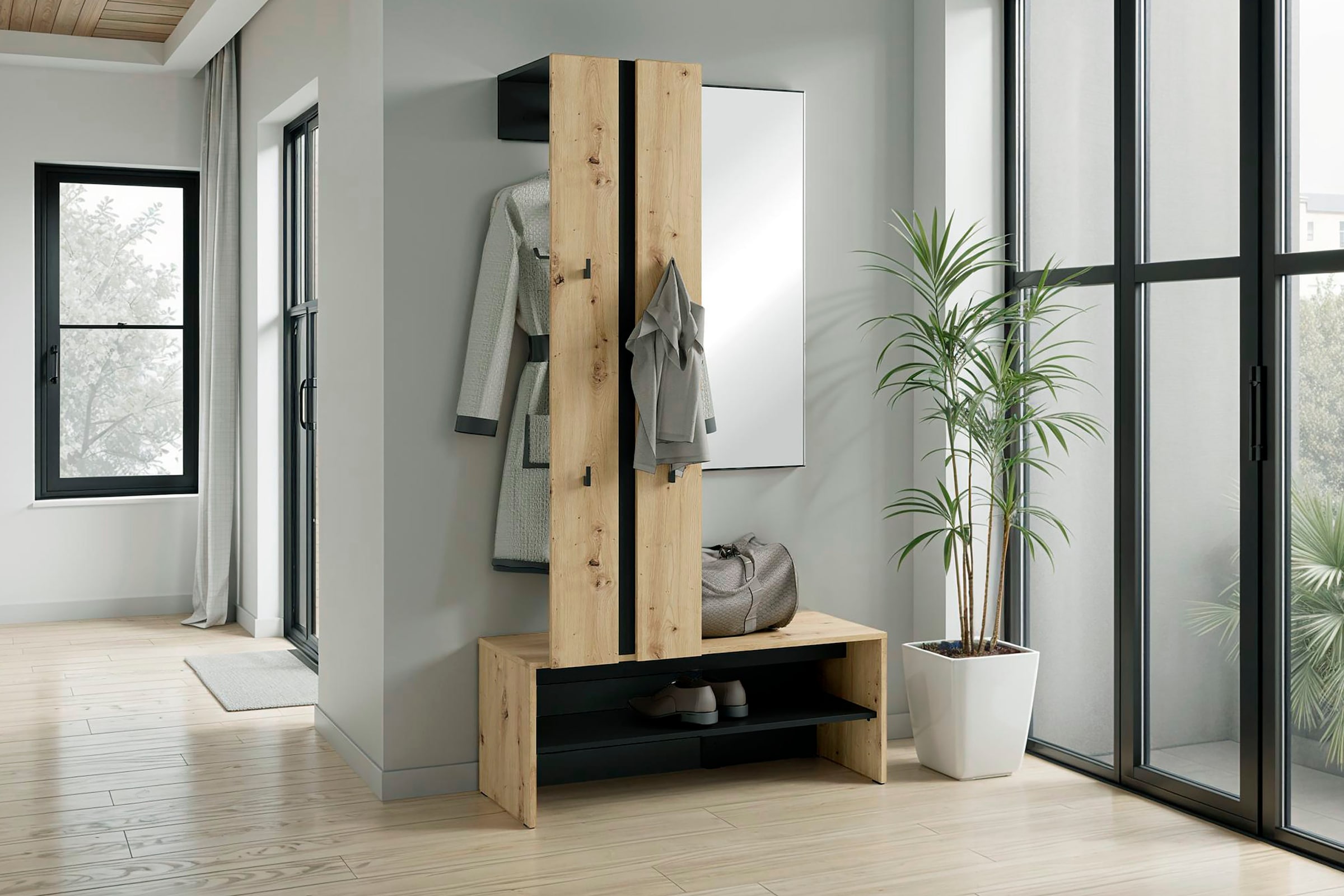 byLIVING Kompaktgarderobe »Dielen - Set Nante«, (2 St.), maximale Ordnung auf wenig Fläche mit Spiegel, Kleiderstange und Haken