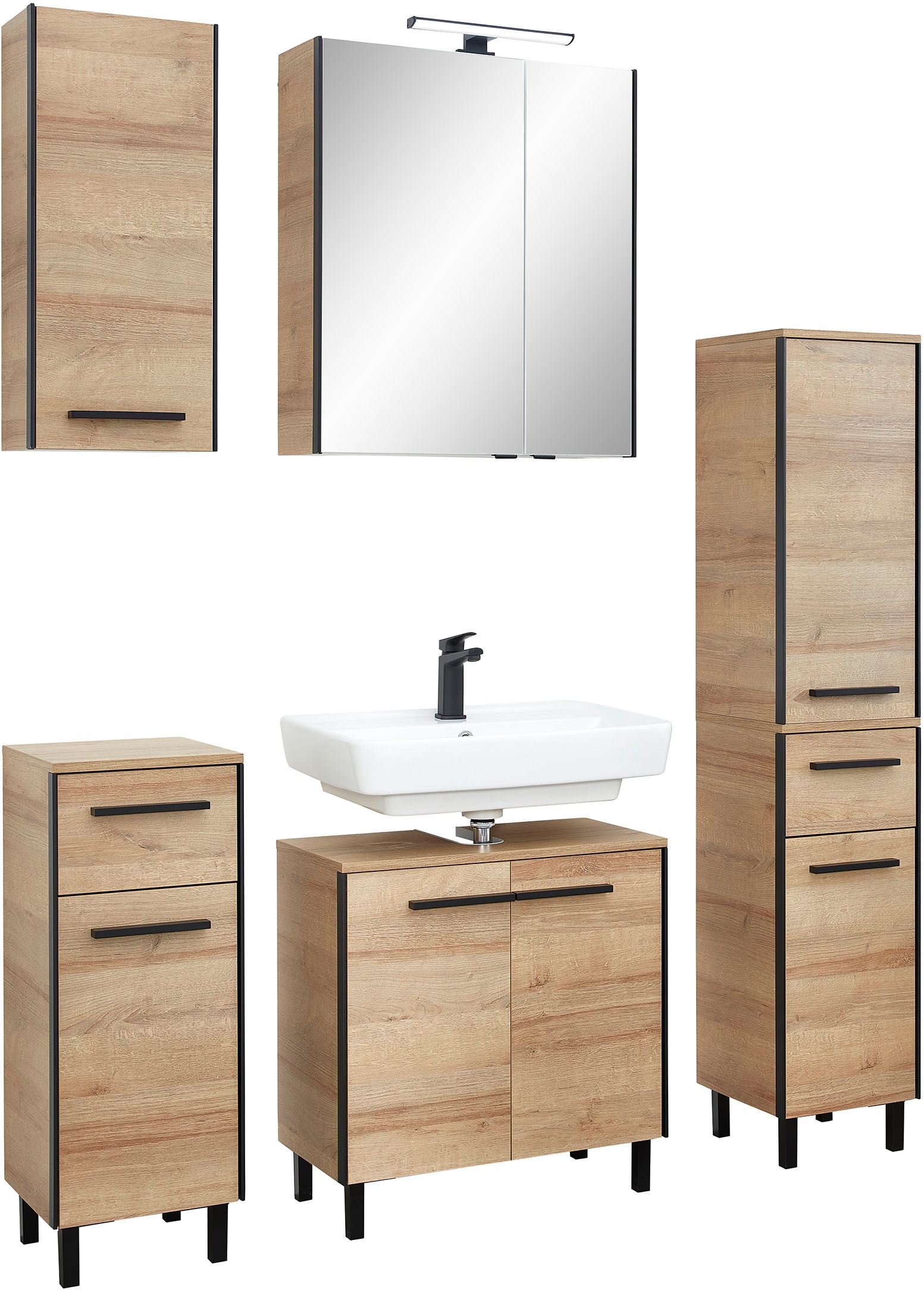 Thumbnail - Saphir Badmöbel-Set "Quickset 395 5-teilig, Waschbeckenunterschrank mit LED-Spiegelschrank", (5 St.), Unterschrank, Häng...