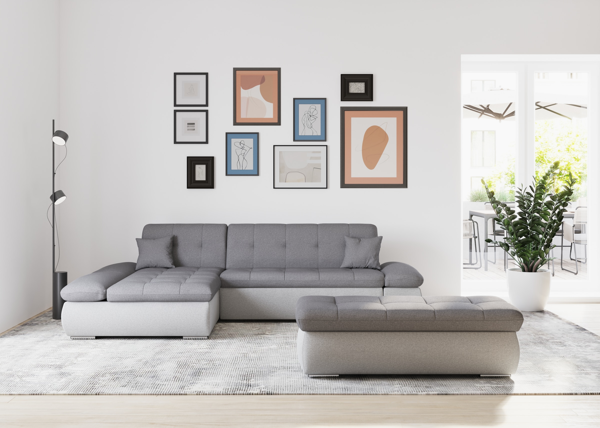 DOMO collection Ecksofa »Moric, L-Form, XXL-Sofa - Breite 300cm«, wahlweise mit Bettfunktion und Armteilverstellung, silber-grau