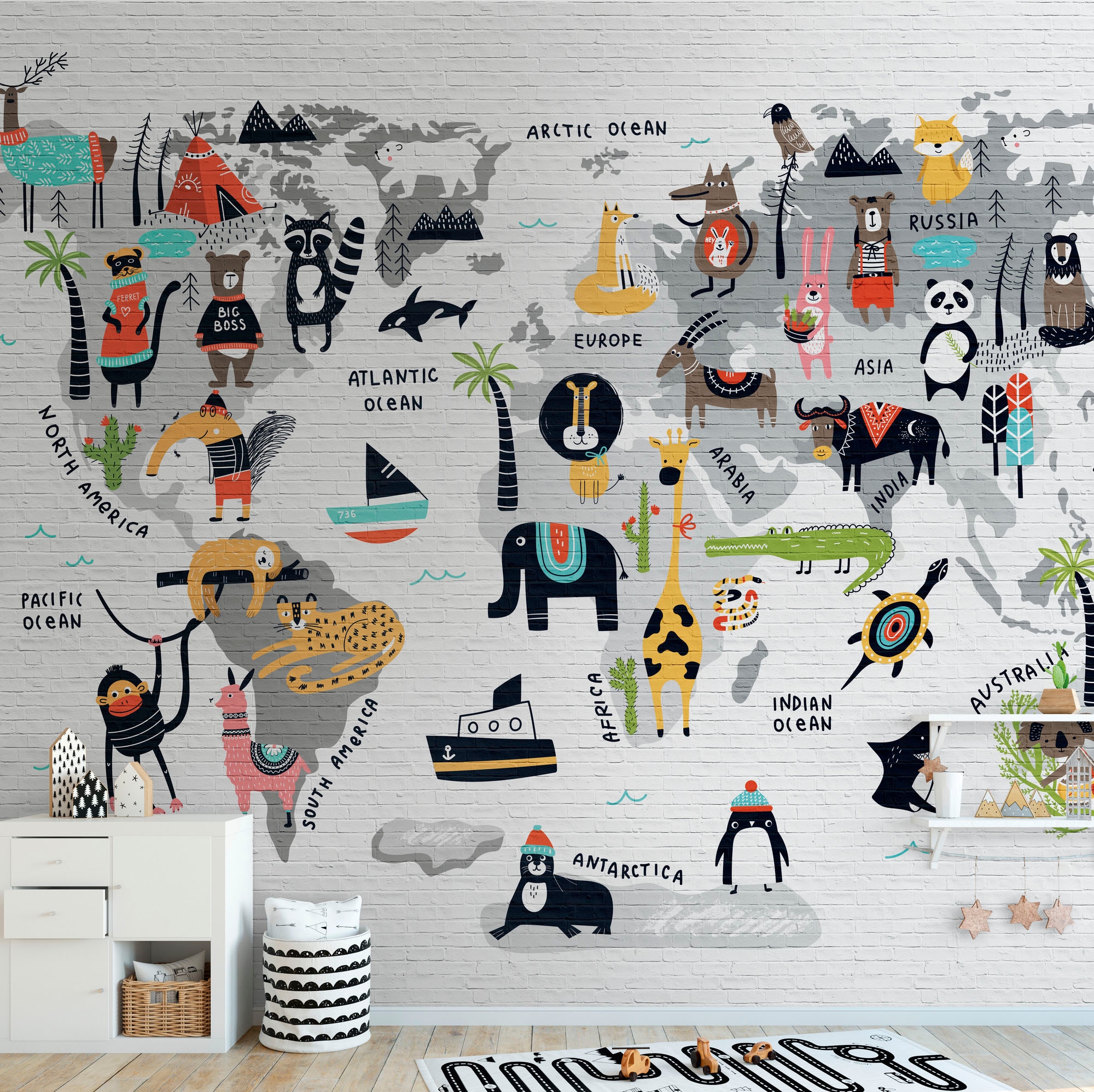 online bestellen Weiß walls Tiere Weltkarte Tapete BAUR »The Gelb animal Fototapete Wall«, Grau print-mehrfarbig-Motiv, Kindertapete living |