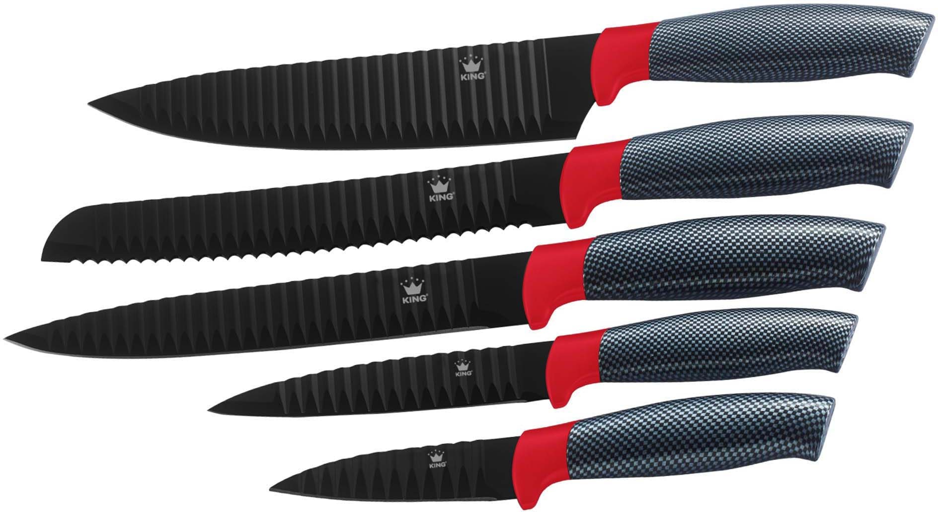 KING Pfannen-Set »Shine Red«, Aluminiumguss, (Set, 3 tlg., je 1 Bratpfanne Ø 20/24/28 cm, H: 5/5,5/6 cm, - 1/1,9/2,5 l), Induktion, mit 6-teiligem Messerblock