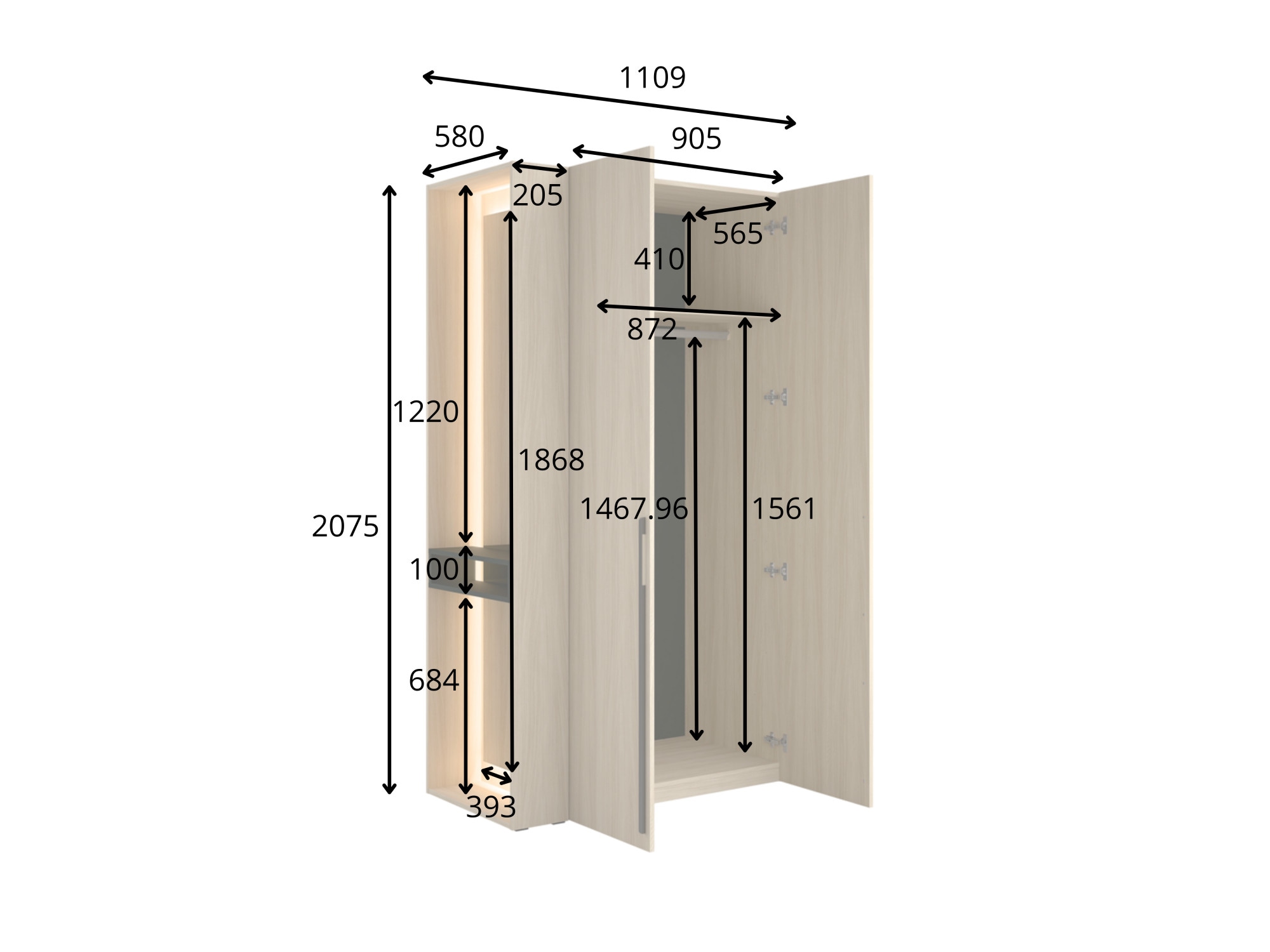 Home affaire Kleiderschrank »TRENTO Garderobe, Wäscheschrank mit 2 Türen«, mit Kleiderstange und Einlegeboden, Maße B/H/T: 90,5/208/58 cm