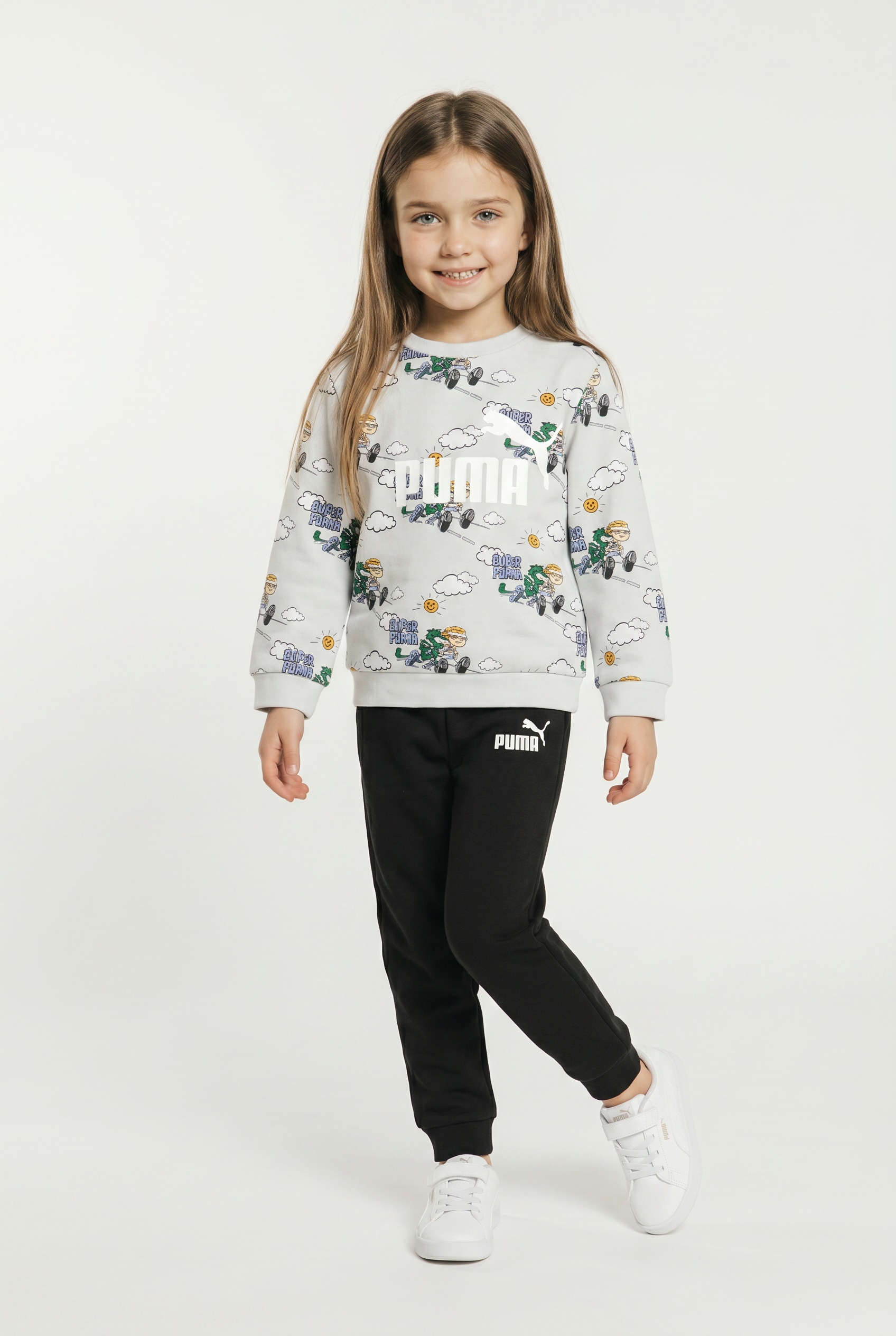 PUMA Trainingsanzug "MINICATS SUPER AOP CREW SET FL INF" mit Kapuze, Langarm-Oberteil, aus Fleece, Regular Fit