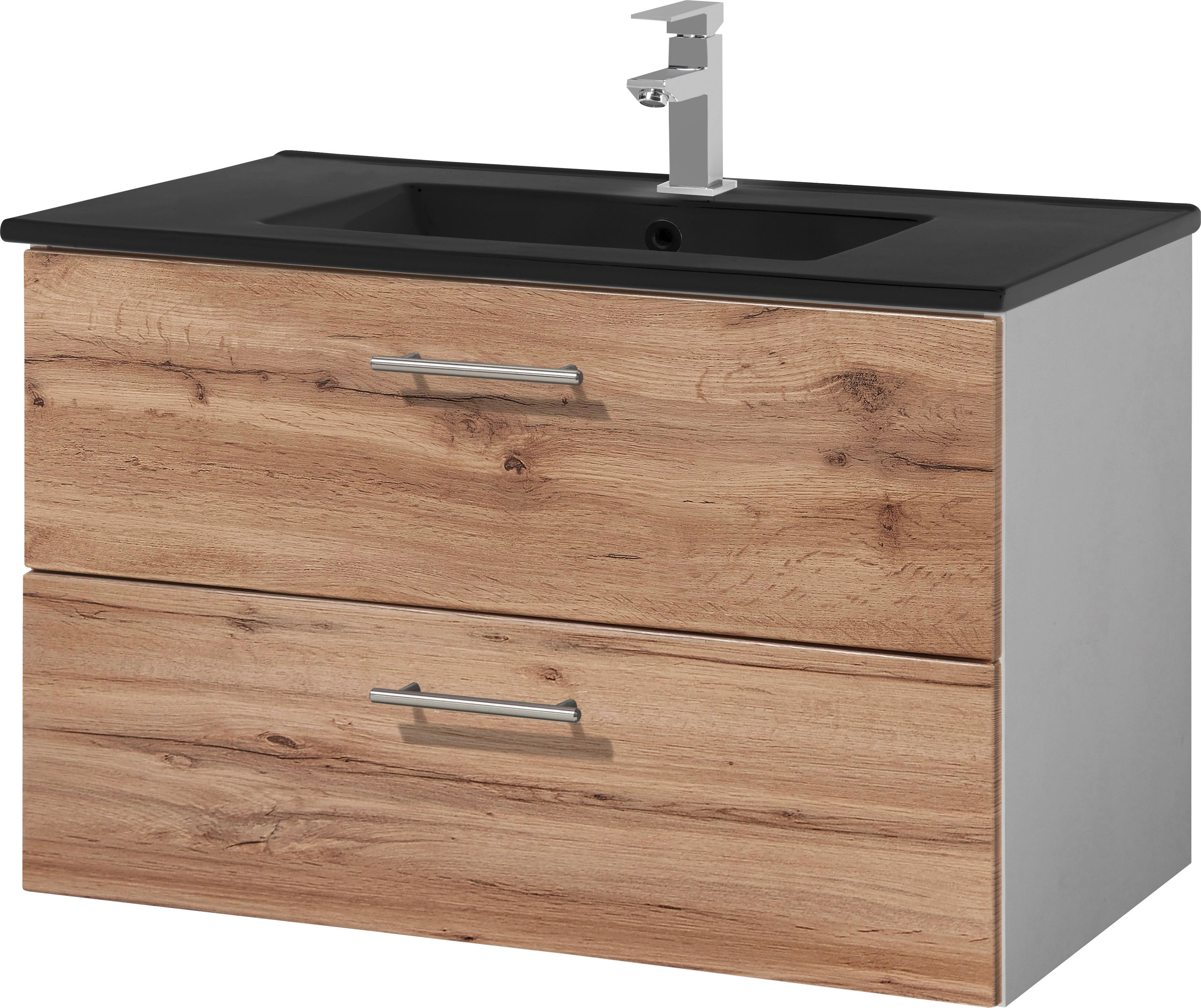 welltime Waschtisch "Trento Badezimmerschrank mit Becken" Badmöbel in Breite 80 cm, Waschplatz mit 2 Schubladen, Badschrank
