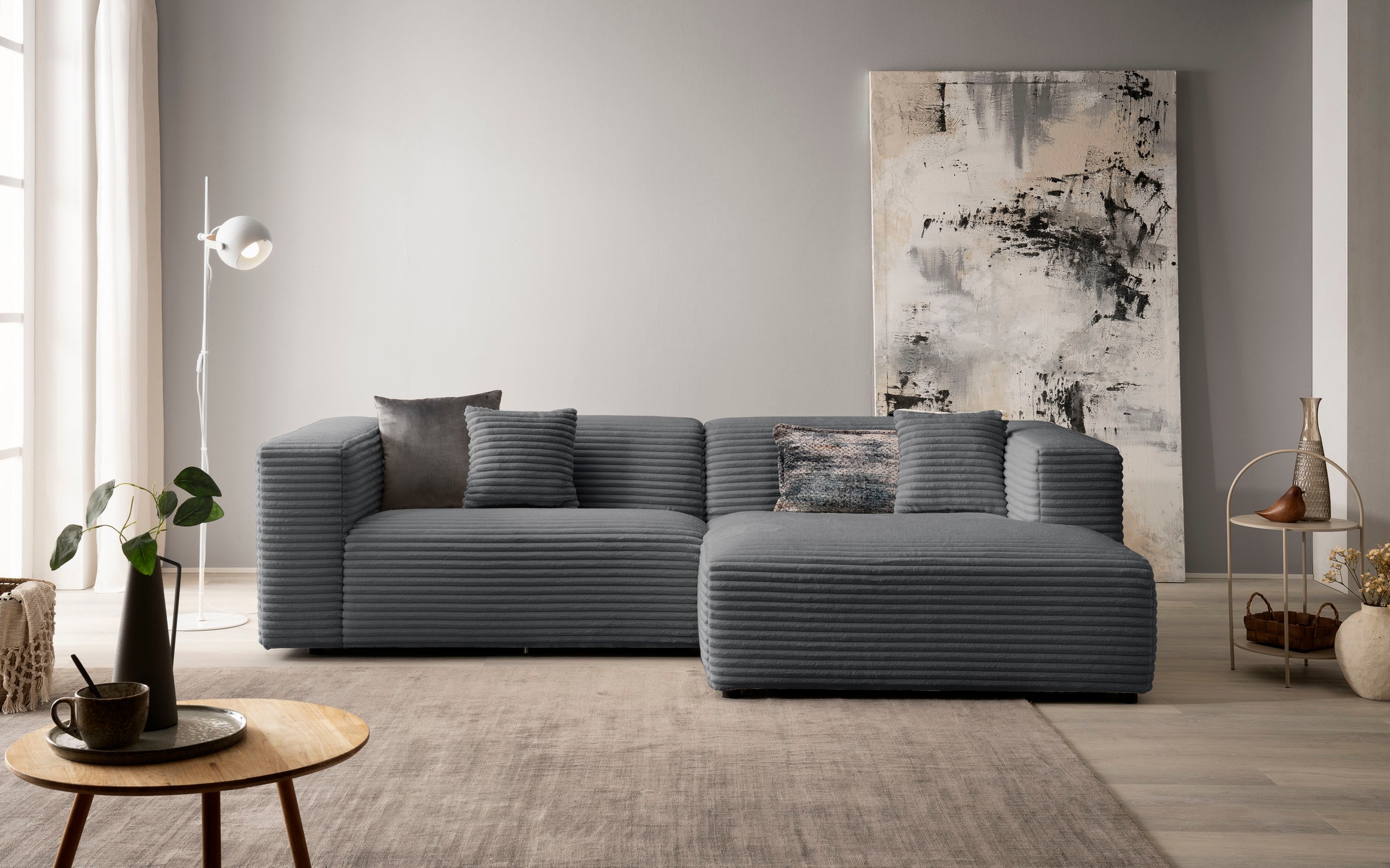 andas Ecksofa »BAKELS, L-Form in Cord oder Boucle-Stoff, moderne Couch«, wahlweise Recamiere rechts/links, bequemer Sitzkomfort