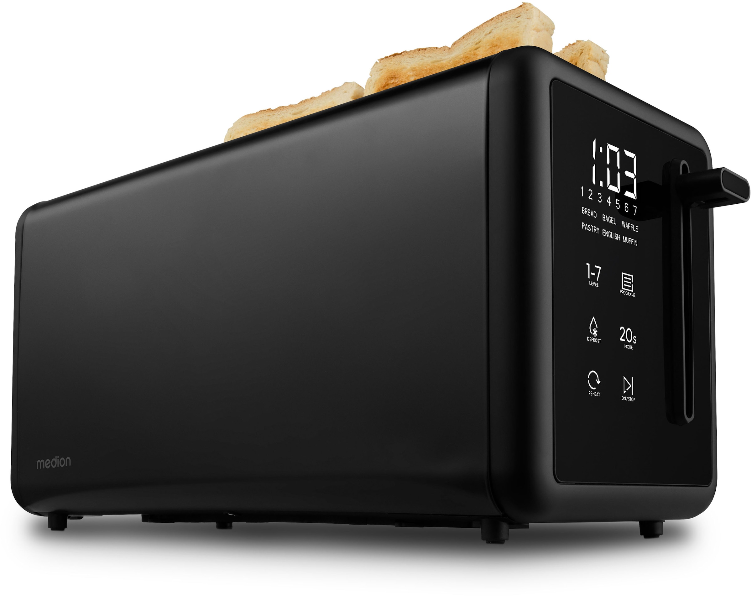 MEDION Toaster "Langschlitztoaster, MD12103, LED Sensor-Touch-Display", B:15,6cm H:18,7cm T:38,4cmmatt schwarz, Toaster, abnehmbarer Brötchenaufsatz