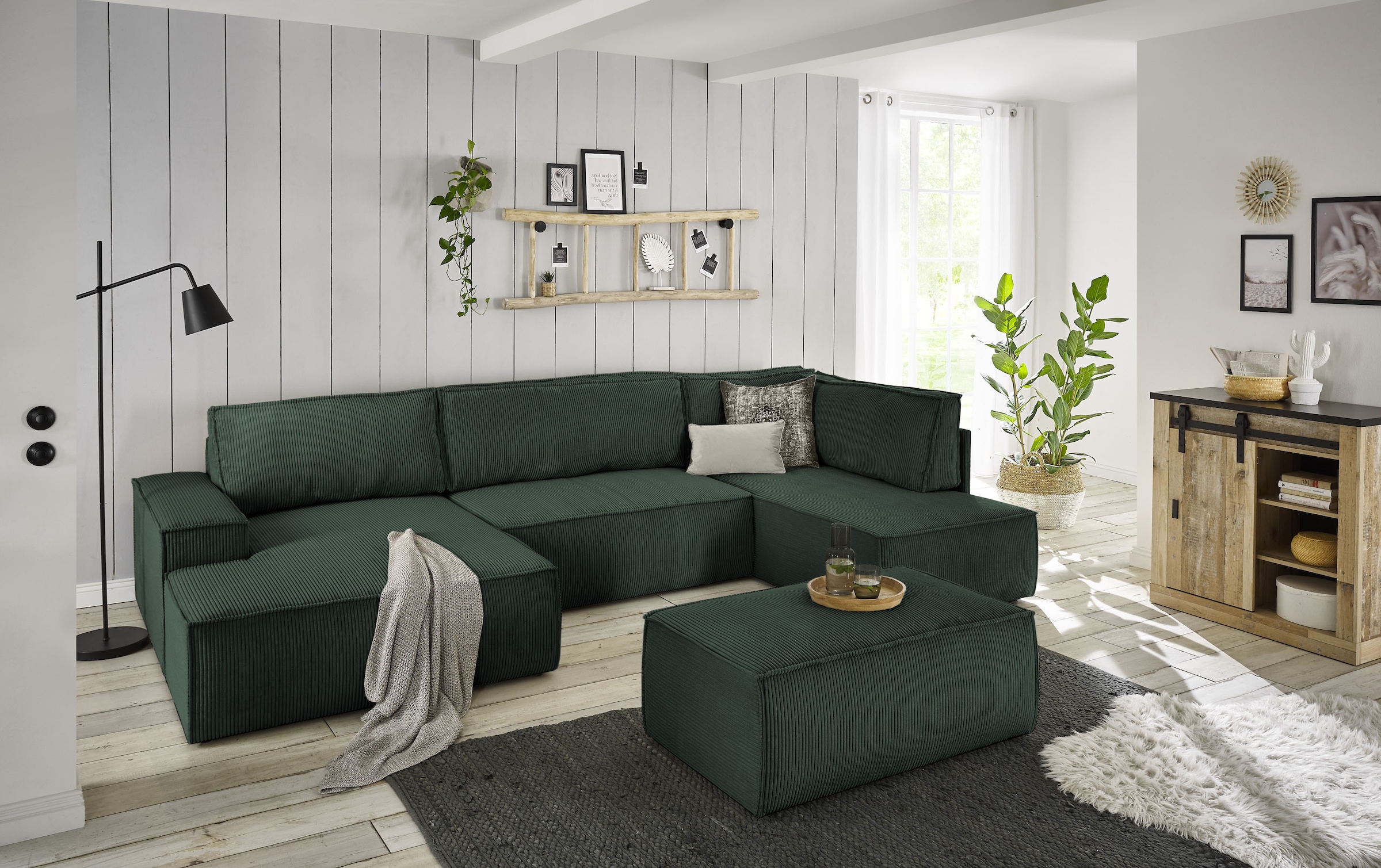 Home affaire Wohnlandschaft »SHERWOOD 329 cm, U-Form, Schlafsofa,«, Schlaffunktion m. Bettkasten (194x139 cm), Cord, Vintage, Samtvelours