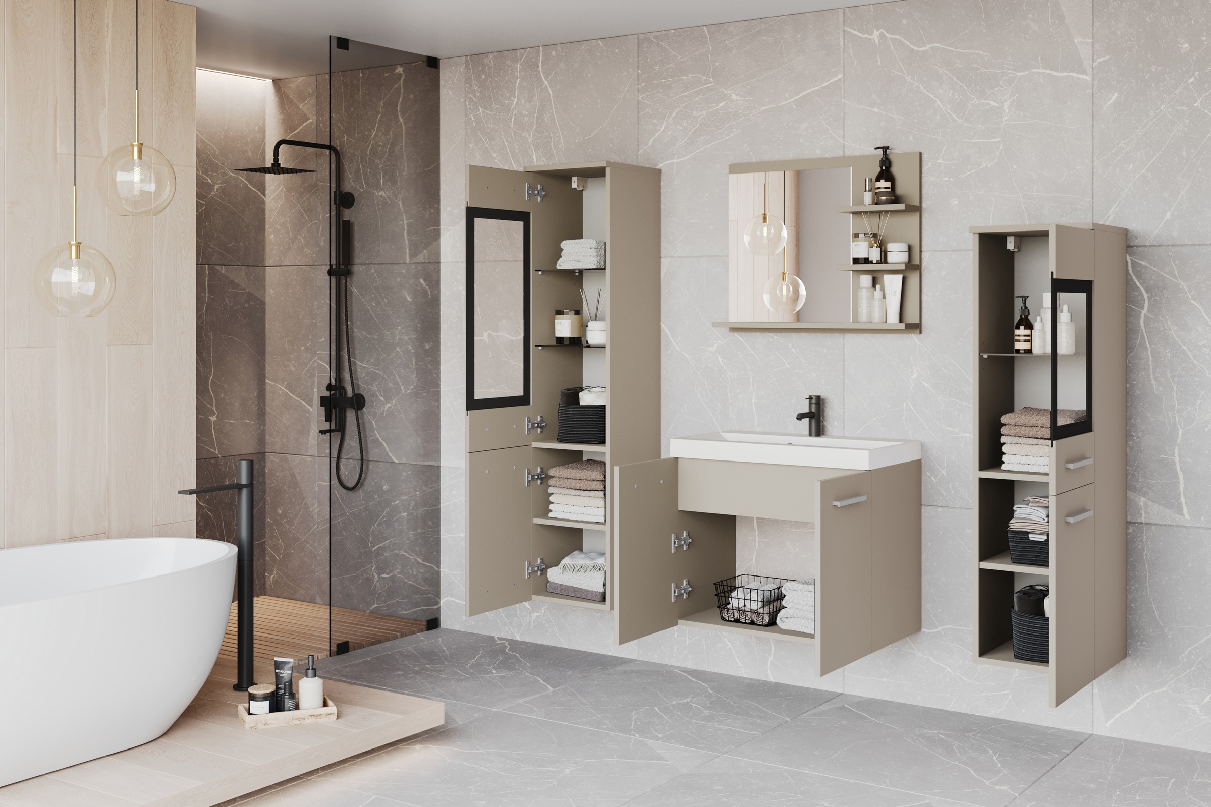 Thumbnail - welltime Badmöbel-Set "MADRIT" Komplett-Set, mit Waschbecken, 5 Stk. tlg.