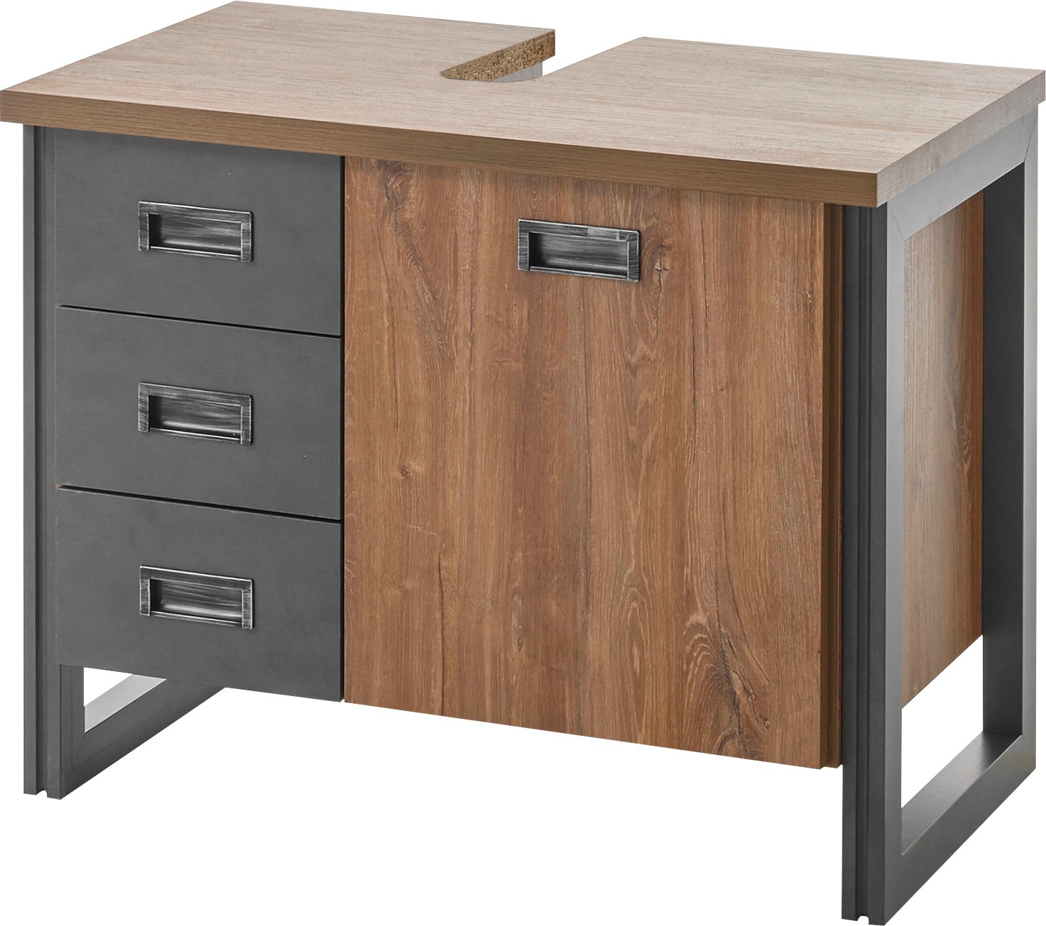 Home affaire Badmöbel-Set »Detroit, Bad im Industrialdesign, inkl. LED, 2-teiliges Badezimmer«, (2 St.), Waschbeckenunterschrank und Spiegel, holzfarben, mit Stauraum