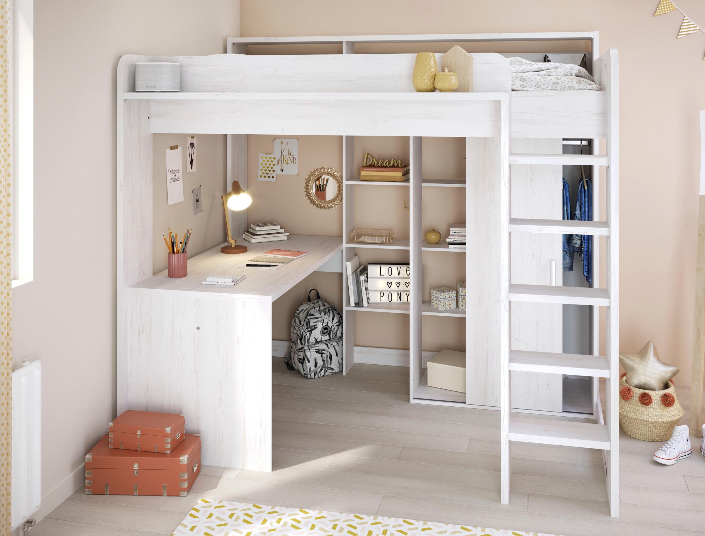 Parisot Hochbett "Higher, mit Schreibtisch, Schiebetürenschrank, Regale obe günstig online kaufen