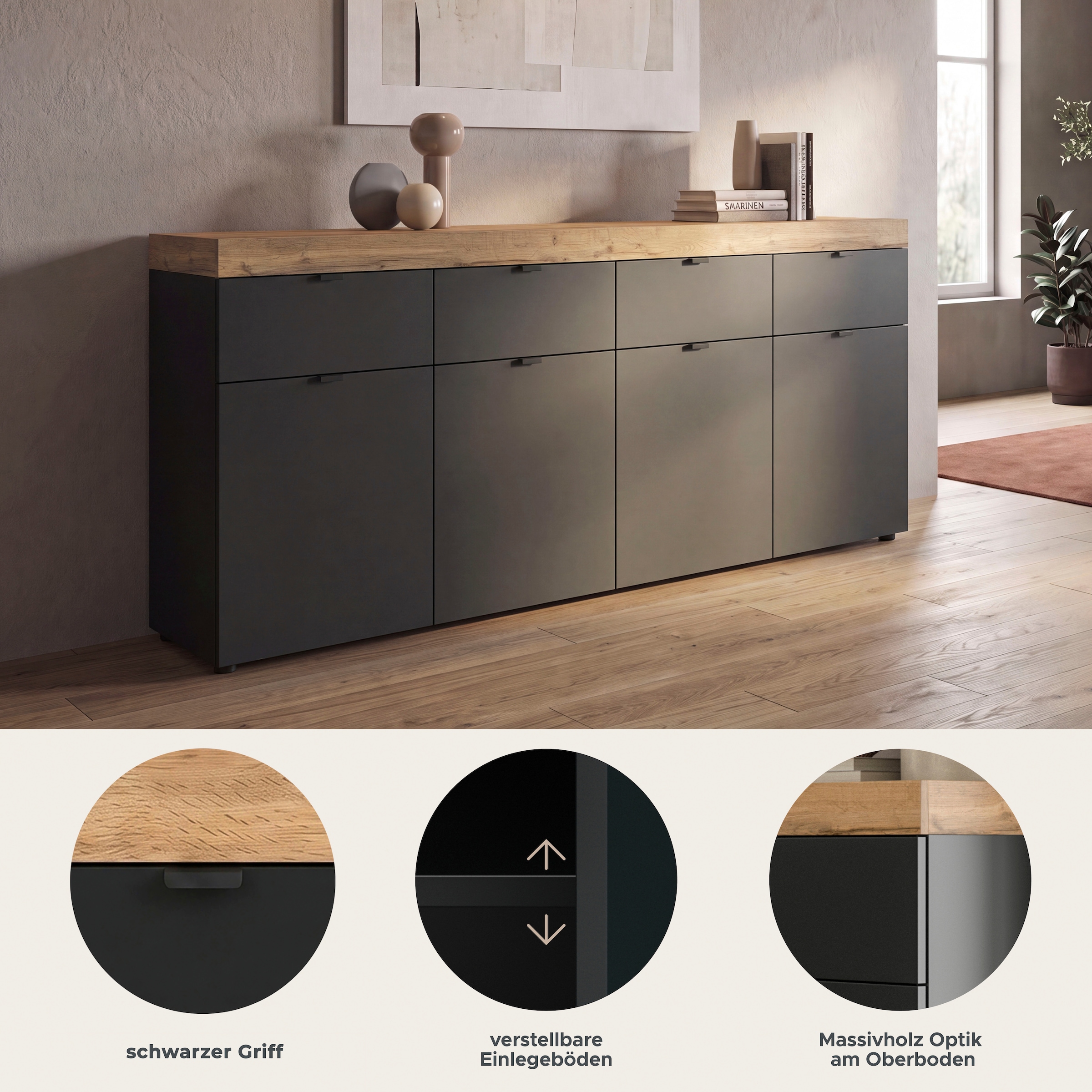 OTTO home Sideboard »MAMBO II, Breite 200cm, 4 Türen, 4 Schubkästen, 8 Fächer« 1 Stk. tlg. Kommode, Anrichte, Wohnzimmer, Schlafzimmer
