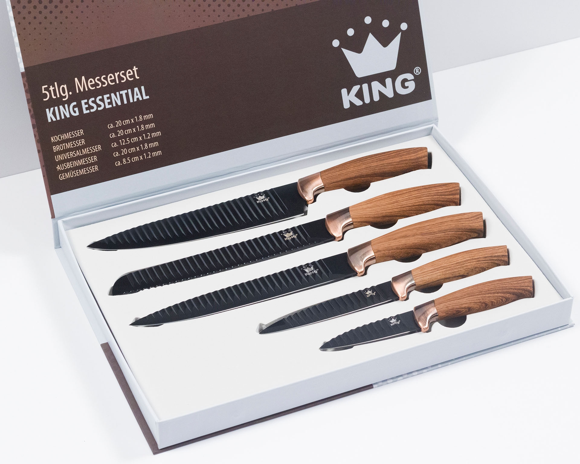 KING Messer-Set »Essential«, (Set, Griffe in Wellenschliff, 8.5cm), kaufen 12.5cm 5 5x 20cm, Messer | tlg., BAUR im Geschenk-Etui 20cm, 20cm, Holzoptik