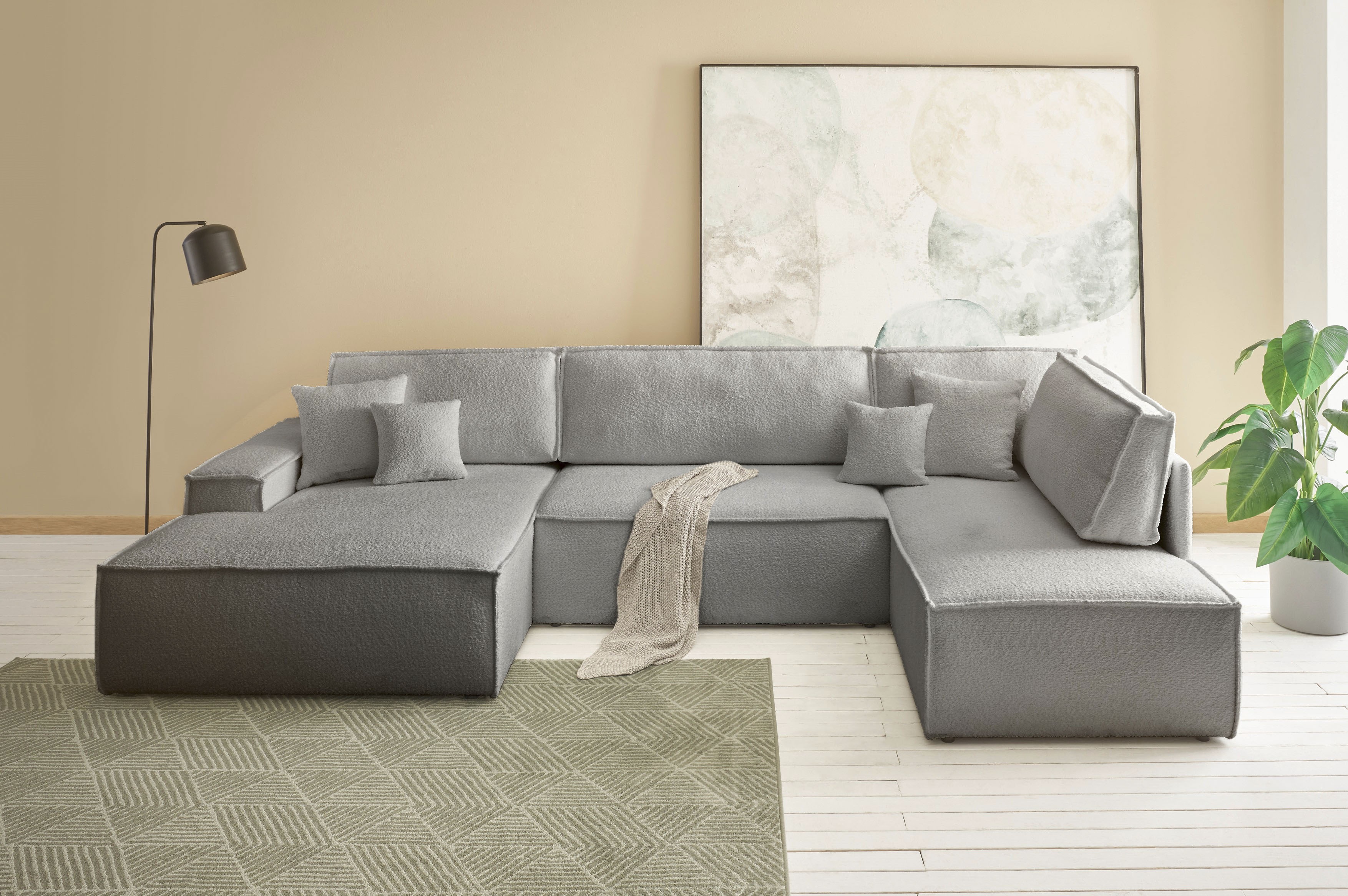 OTTO home Wohnlandschaft "FINNLEY Bouclé U-Form XXL 329 cm - OTTO. Verlässliche Qualität." Schlafsofa, Bettkasten, in Bouclé, Struktur fein und Mega Cord