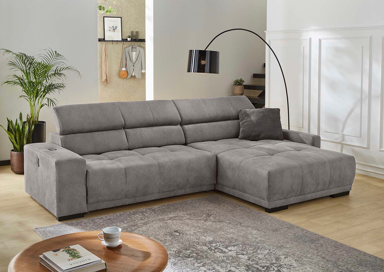 Jockenhöfer Gruppe Ecksofa "Le Mans L-Form, B: 320 cm, mit 30 cm elektr. Sitztiefenverstellung" Kopfteilverstellung, induktive Ladestation, USB-Anschluss & Zierkissen