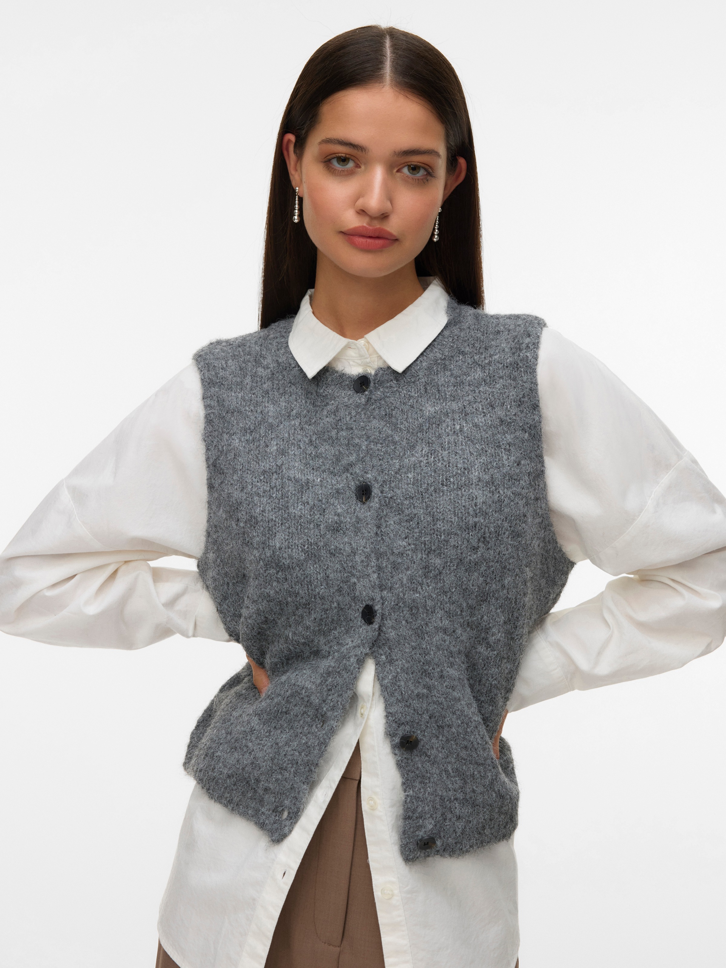 Vero Moda Strickweste "VMNOVAH SL O-NECK BUTTON VEST NOOS" Materialmix, loose fit