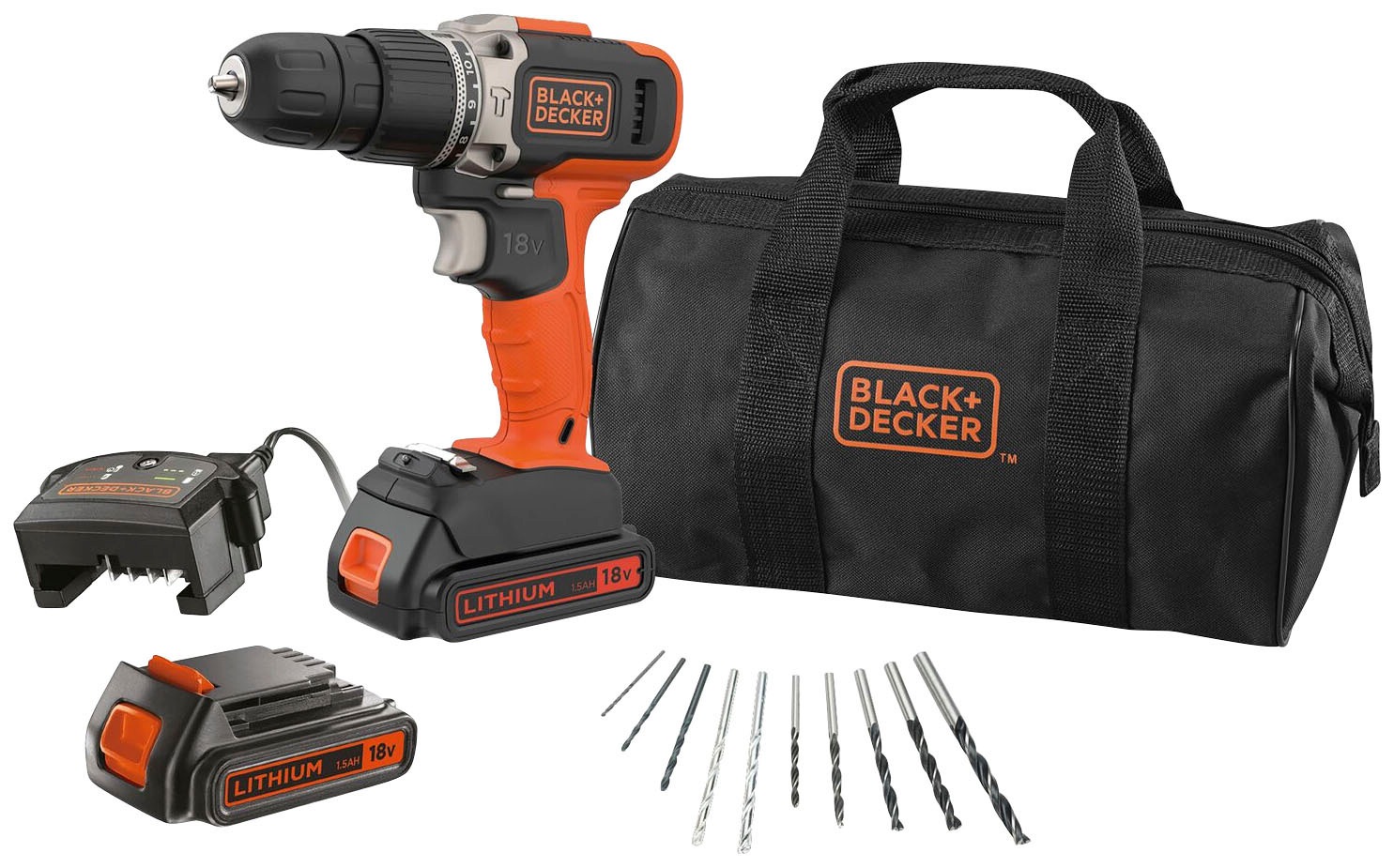 Black + Decker Akku-Schlagbohrschrauber "BCD003BA10S", (Set, 14 tlg.), inkl. 2 Akkus, Ladegerät, 10-tlg. Zubehör, Werkze