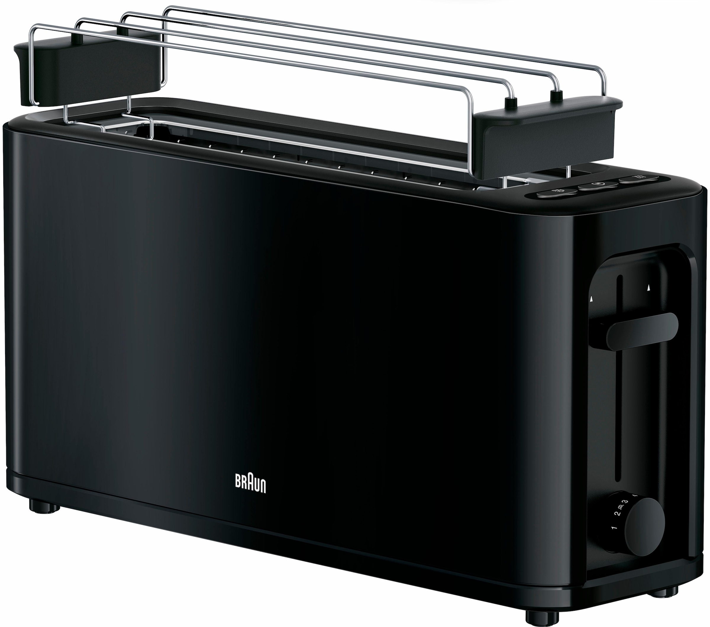 BRAUN Toaster "PurEase HT 3110 BK - 1 Langschlitz, 7 Stufen, Auftau- Aufwärmfunktion", schwarz, B:12cm H:24cm T:38cm, Toaster, 1.000 W, Kunststoff, Au