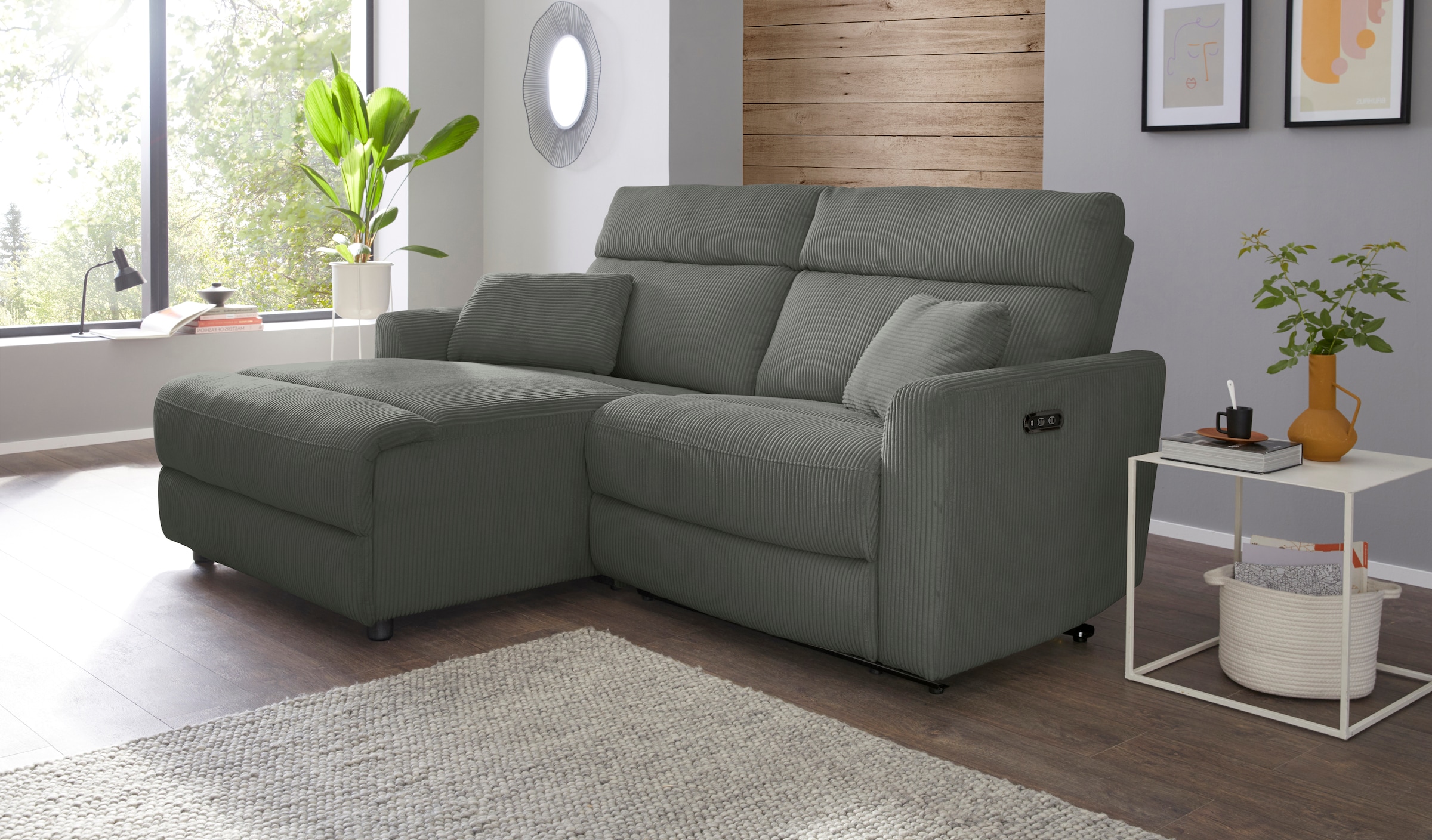 INOSIGN Ecksofa »JENNA, L-Form, 209cm, manuelle u. elektrische Funktion, mit USB A/C,«, Liegefunktion 105°-150°, Federkern, Cord