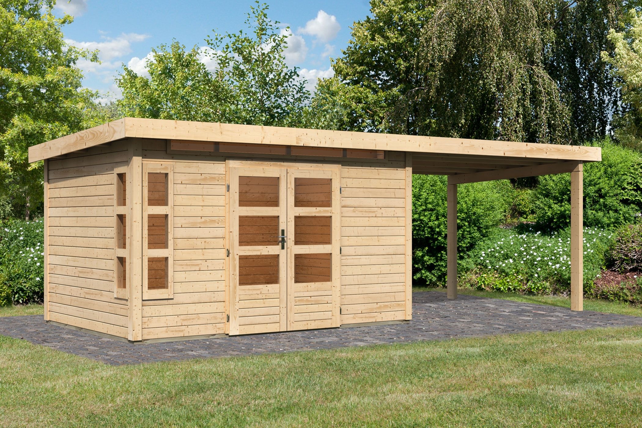 Karibu Gartenhaus "Kolimasee 7" mit Anbaudach 3,2 m, naturbelassen günstig online kaufen