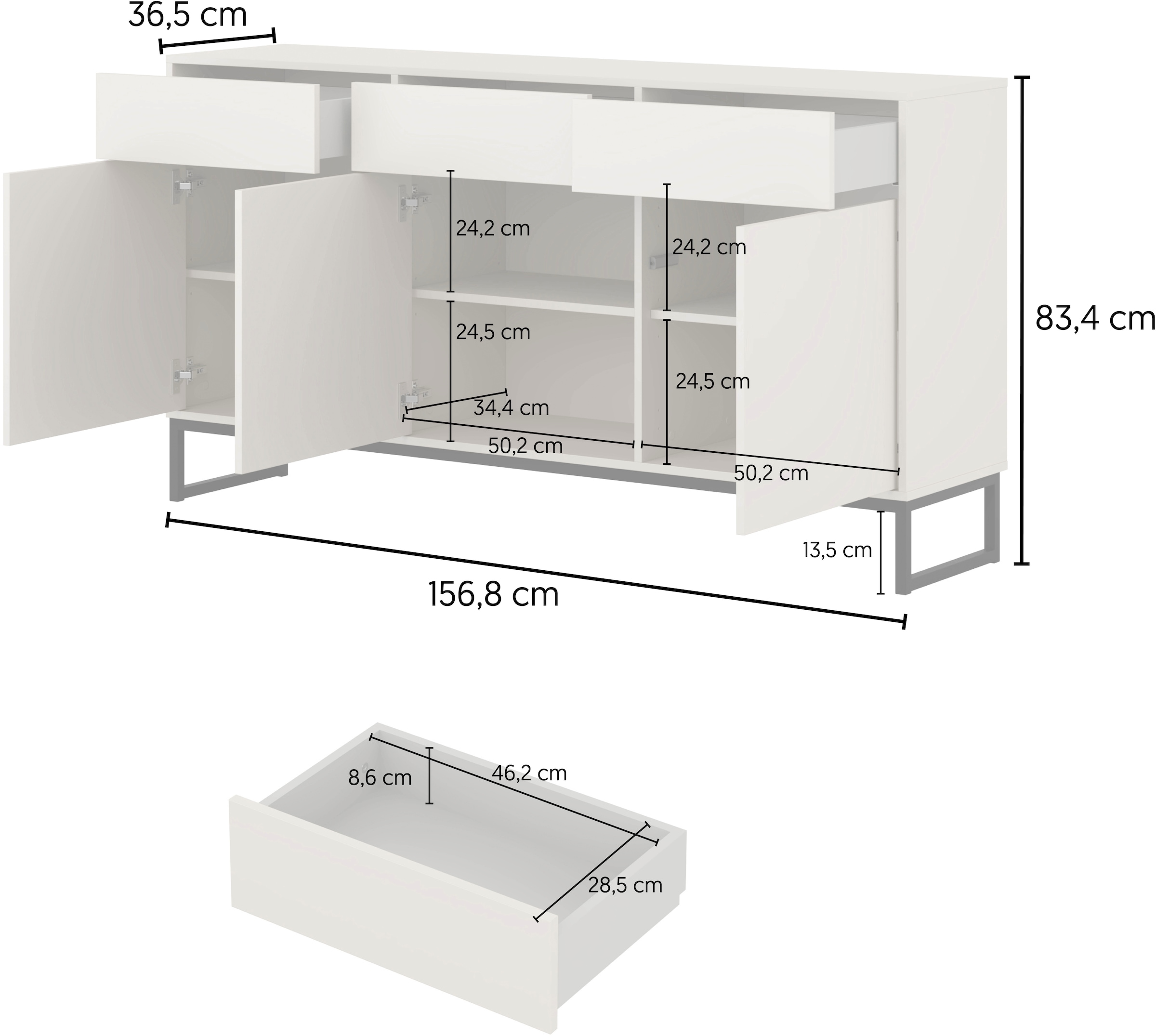OTTO home Sideboard »Loft, Breite 157 cm, grifflose Kommode 3 Türen/3 Schubkästen.« Schubladenschrank mit viel Stauraum, Einlegeböden verstellbar