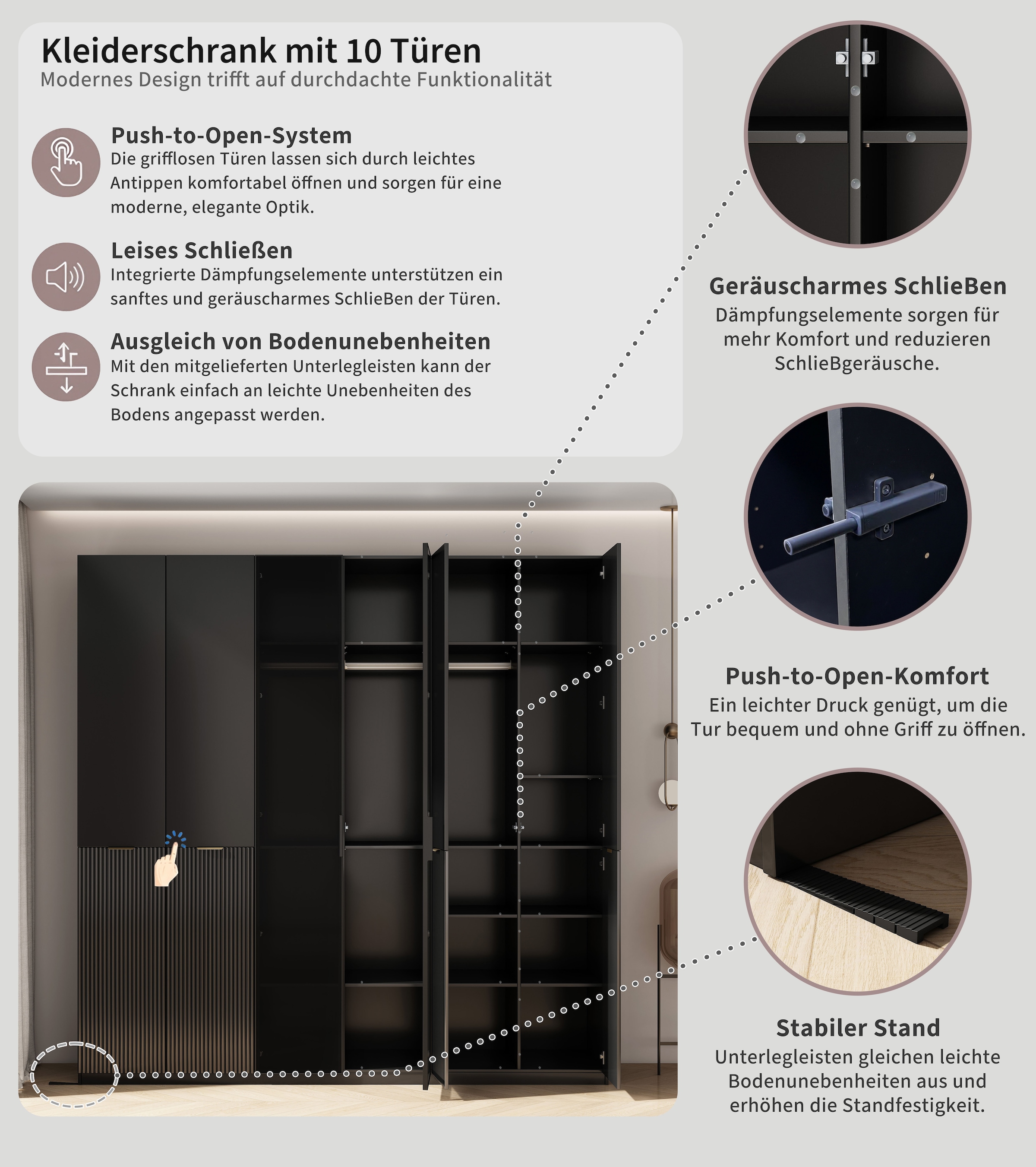 OTTO home Kleiderschrank »Jorella Schlafzimmerschrank Garderobe mit Softclose Türen Glastüren« eleganter Schlafzimmerschrank Rillendesign Trend Breite 241cm Grauglas