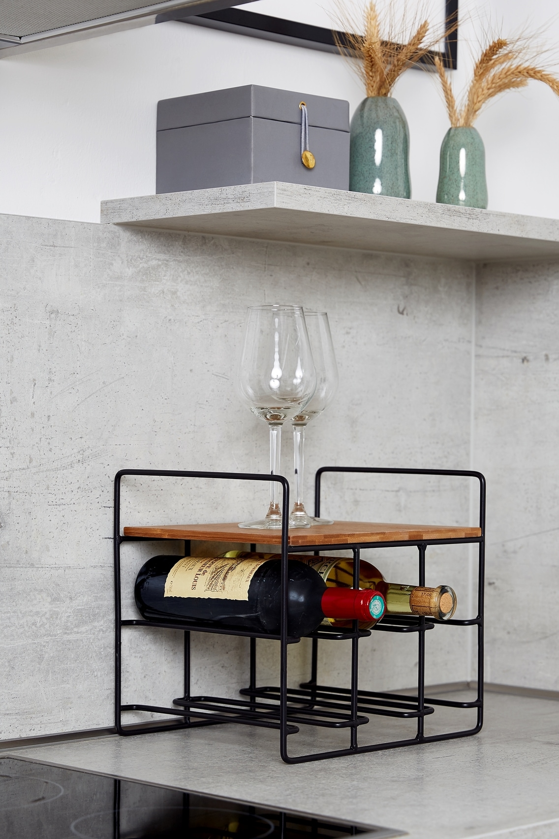 WENKO Weinflaschenhalter »Modell Loft«, Flaschenregal für 6 Flaschen mit Ablage, Metall und Bambus