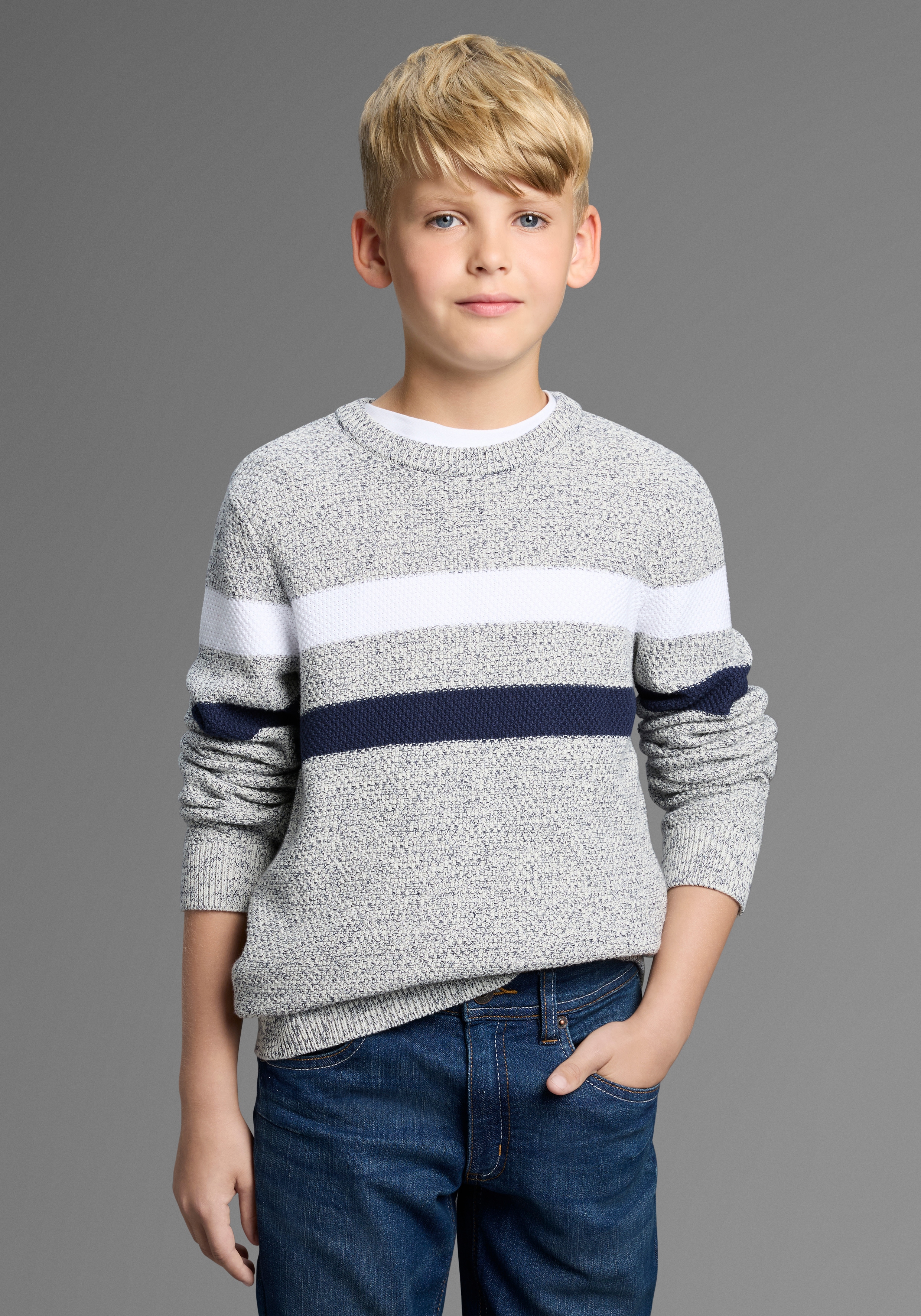 Bruno Banani Strickpullover "Ringelpullover in modischer Strickstruktur für Jungen" Für TEENS, Pullover in Melangeware