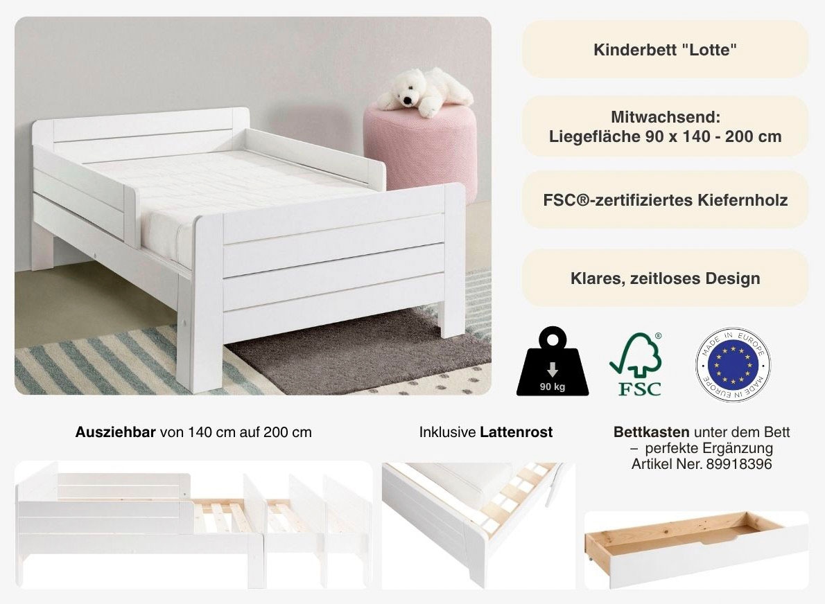 OTTO home Funktionsbett »"LOTTE " Bestseller! Kinderbett mit Rausfallschutz, Schublade optional« ausziehbar von 140cm-200cm Länge,  Mitwachsend, FSC® zertifiziertes Massivholz